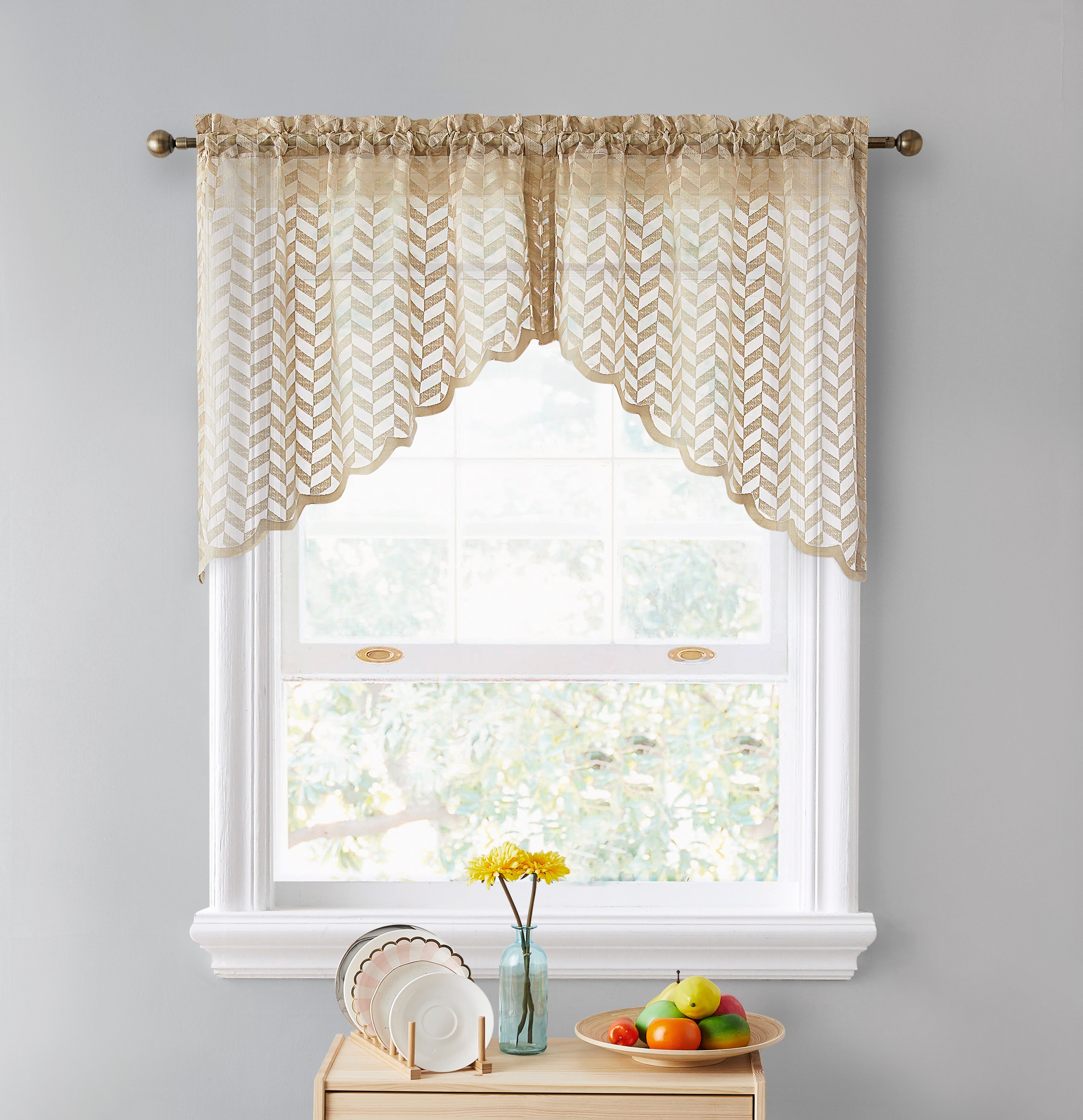 Herringbone Lace Sheer Rod Pocket Cafe Swag Curtains
