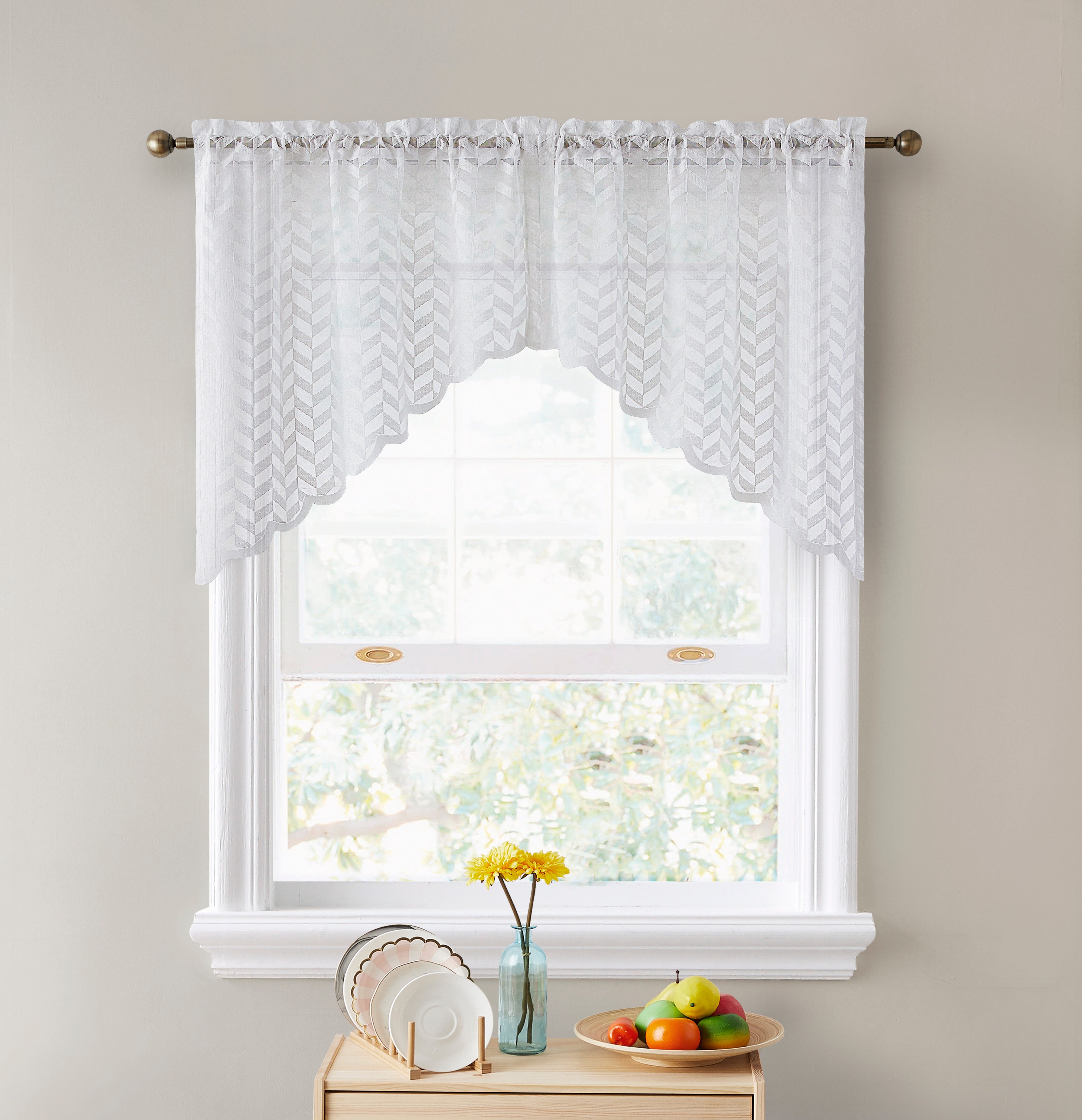 Herringbone Lace Sheer Rod Pocket Cafe Swag Curtains
