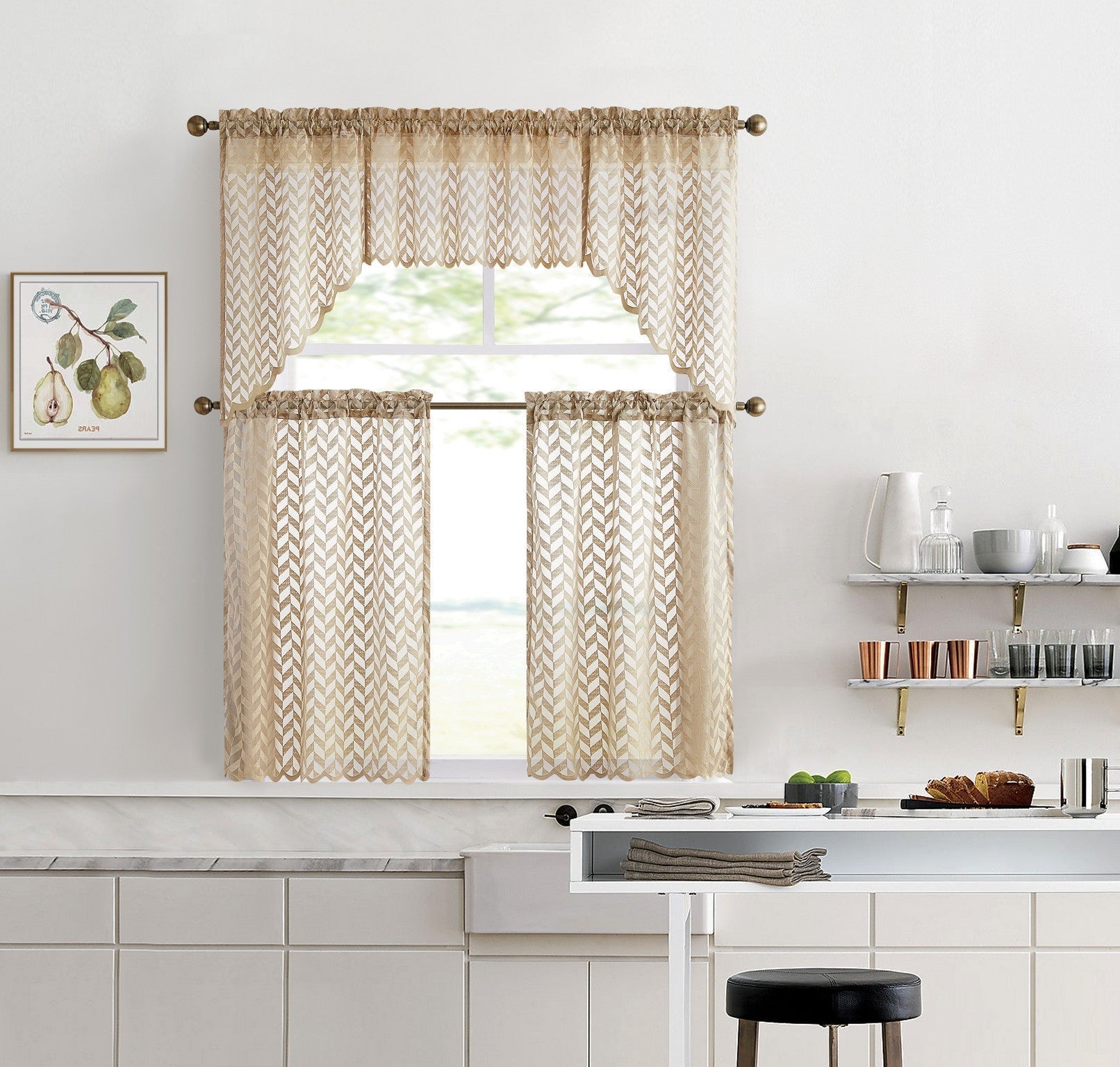 Herringbone Lace Sheer Rod Pocket Cafe Swag Curtains