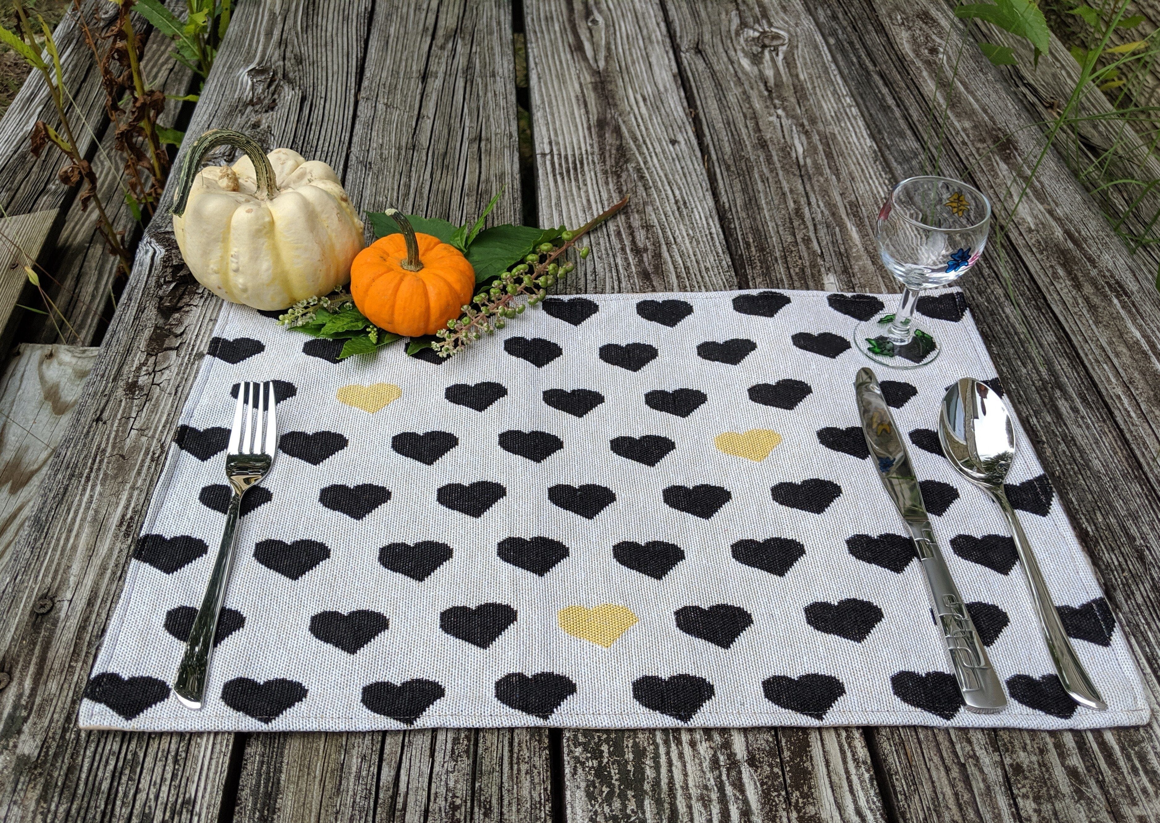 Set of 4-Pieces Lovely Yellow & Black Hearts Tapestry Dining Table Placemats 13" x 19" (18113)