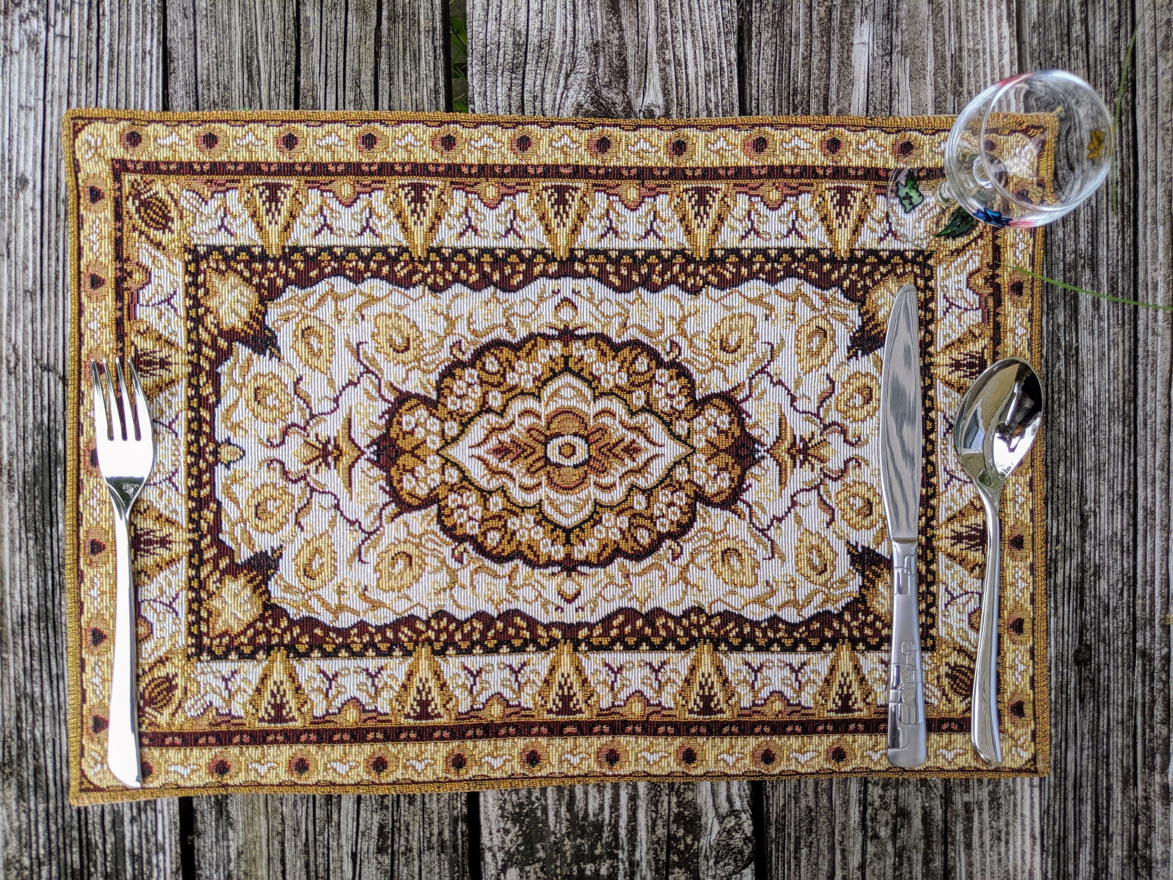 Set of 4-6 Pieces Royal Persian Style Rug Golden Brown Floral Tapestry Placemats 13" x 19" (18119)
