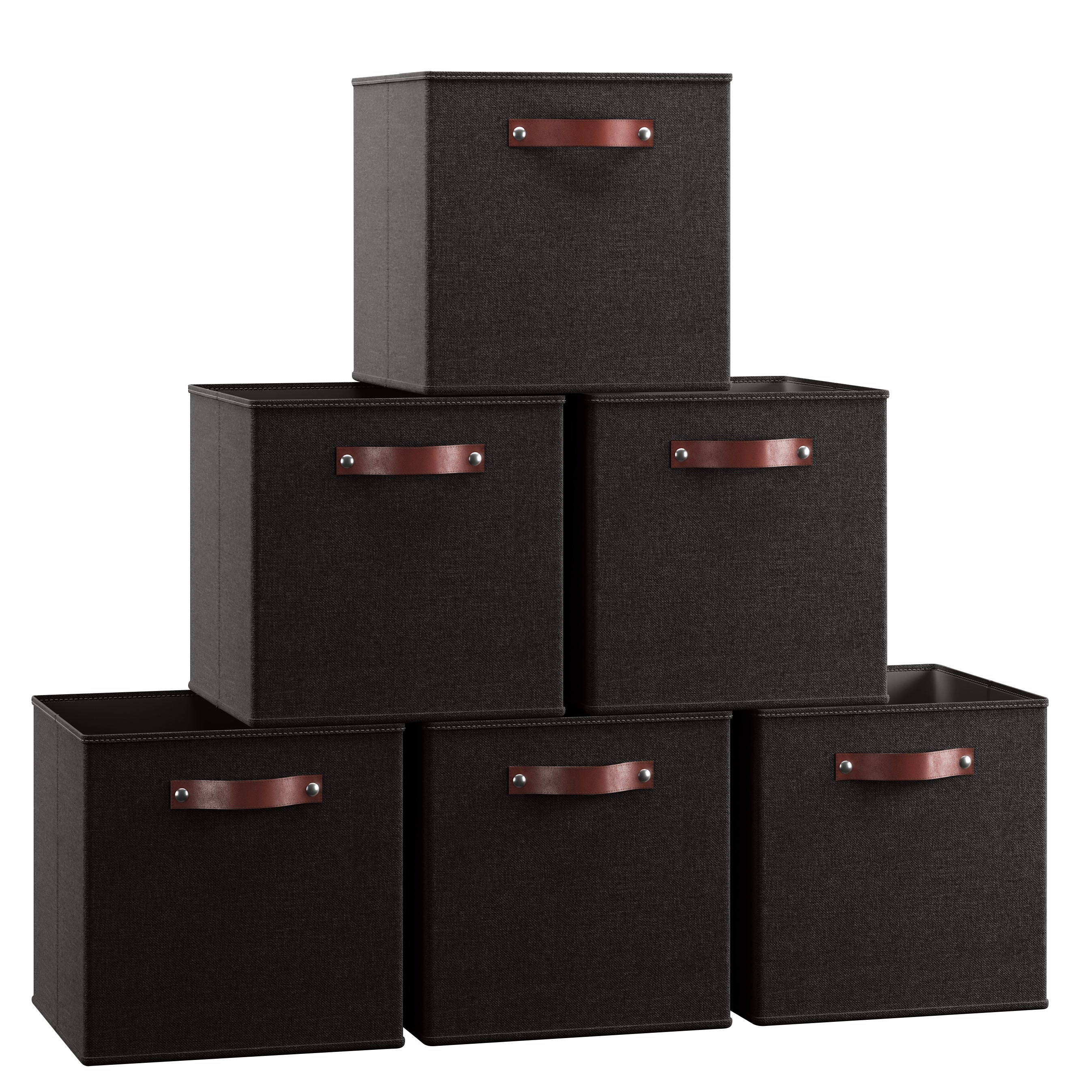 Foldable Linen Storage Cube Bin with Leather Handles - 11 Inch - Set of 6