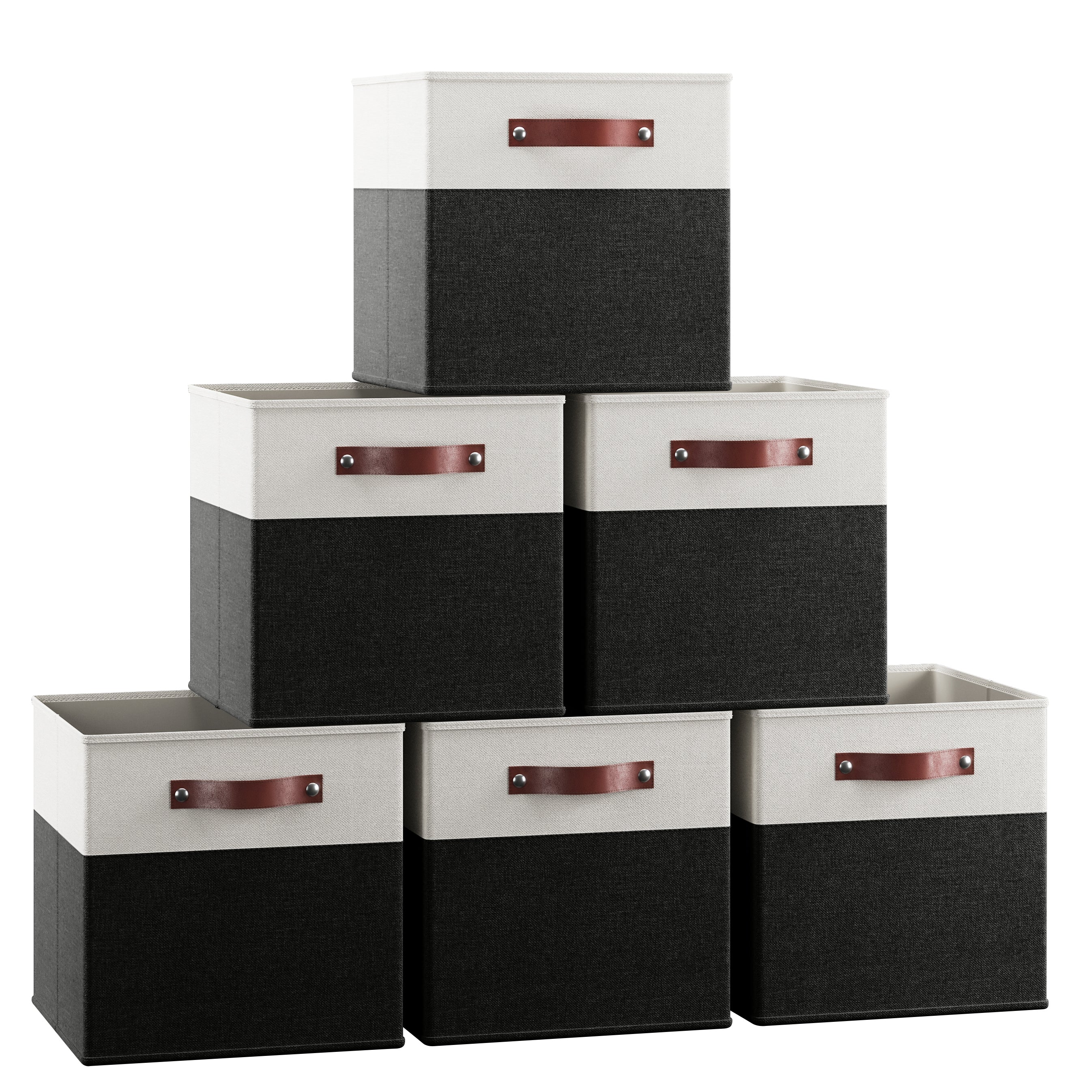 Foldable Linen Storage Cube Bin with Leather Handles - 11 Inch - Set of 6