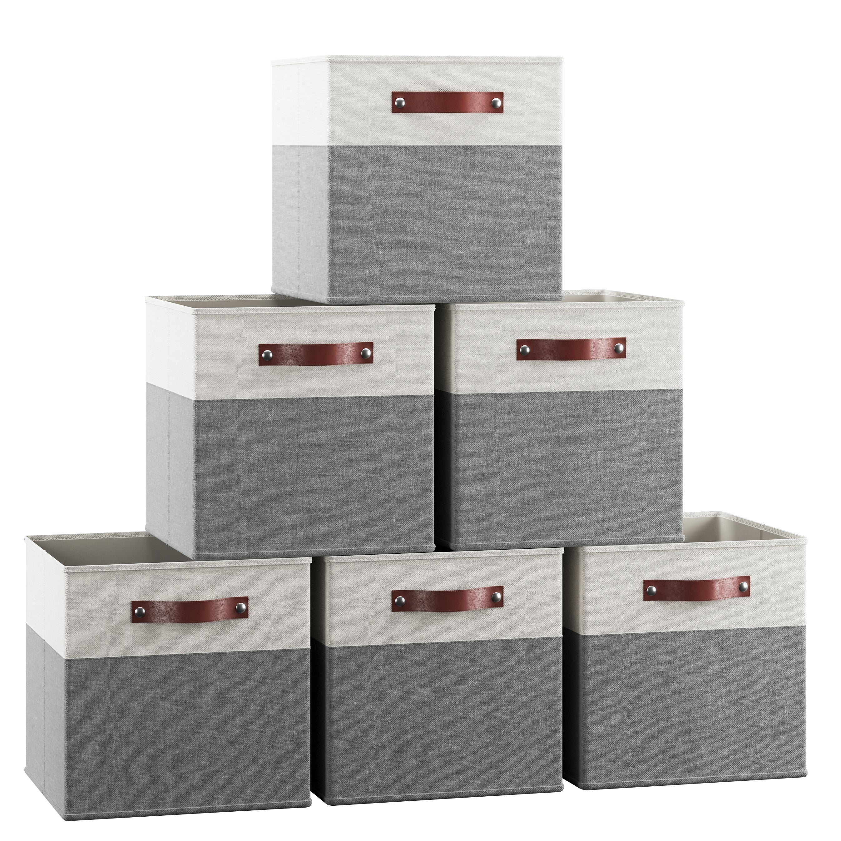 Foldable Linen Storage Cube Bin with Leather Handles - 11 Inch - Set of 6