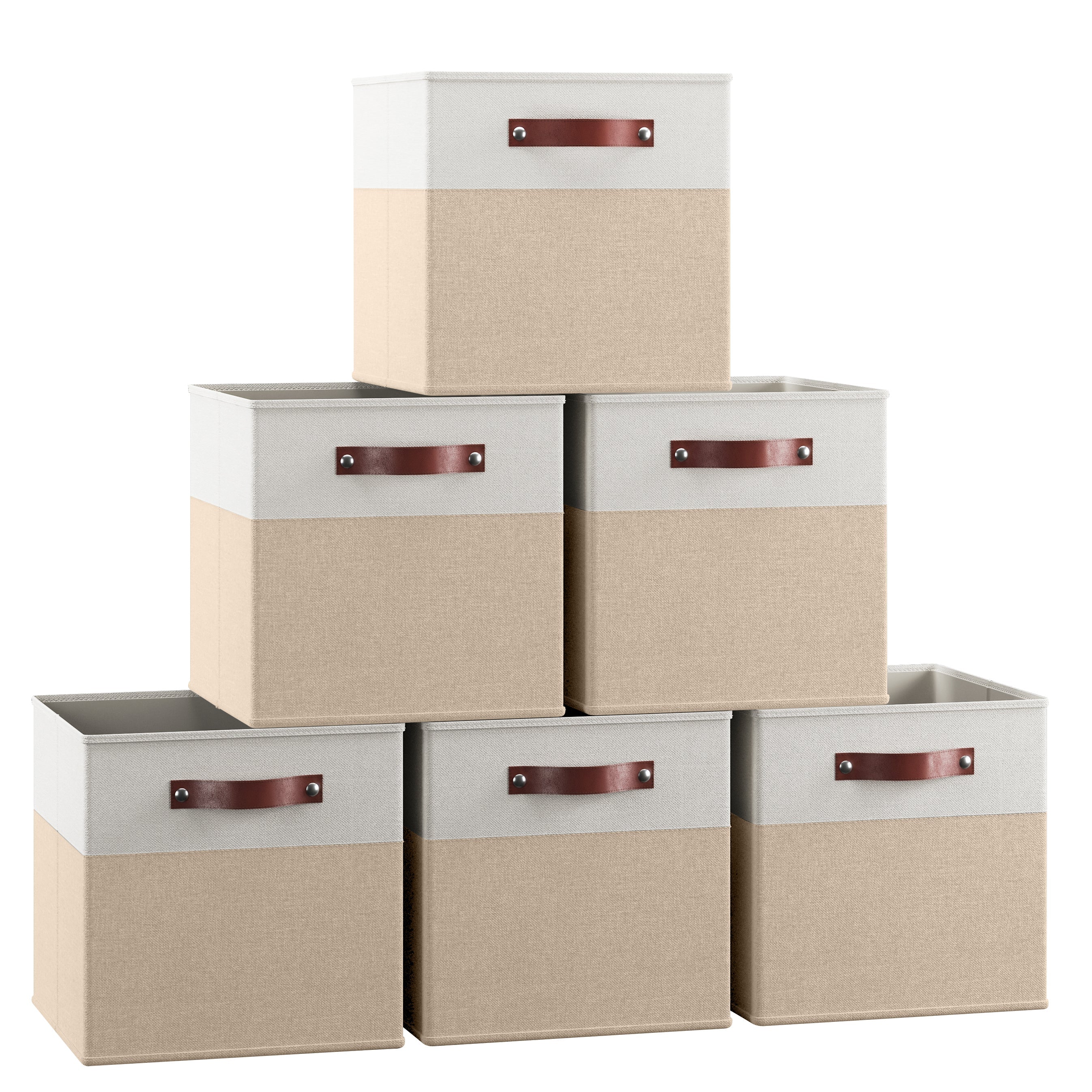 Foldable Linen Storage Cube Bin with Leather Handles - 11 Inch - Set of 6