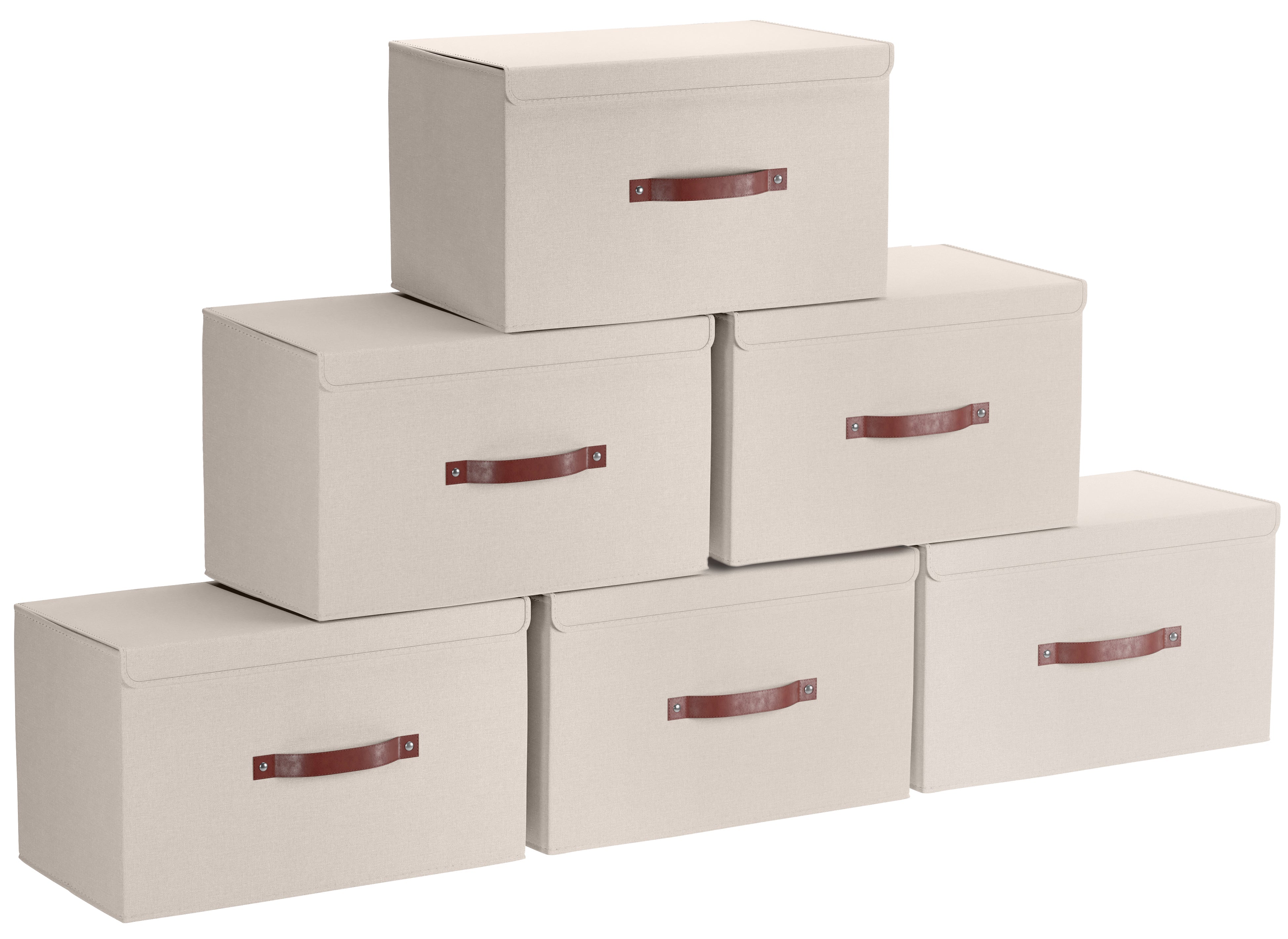 Foldable Linen Large Storage Bin with Leather Handles and Lid - Set of 6