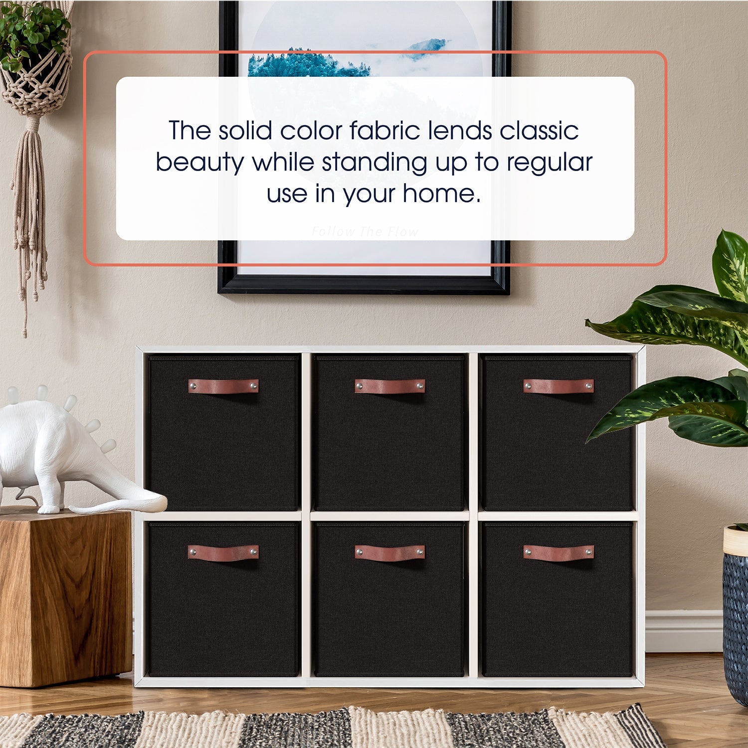 Foldable Linen Storage Cube Bin with Leather Handles - 13 Inch - Set of 6