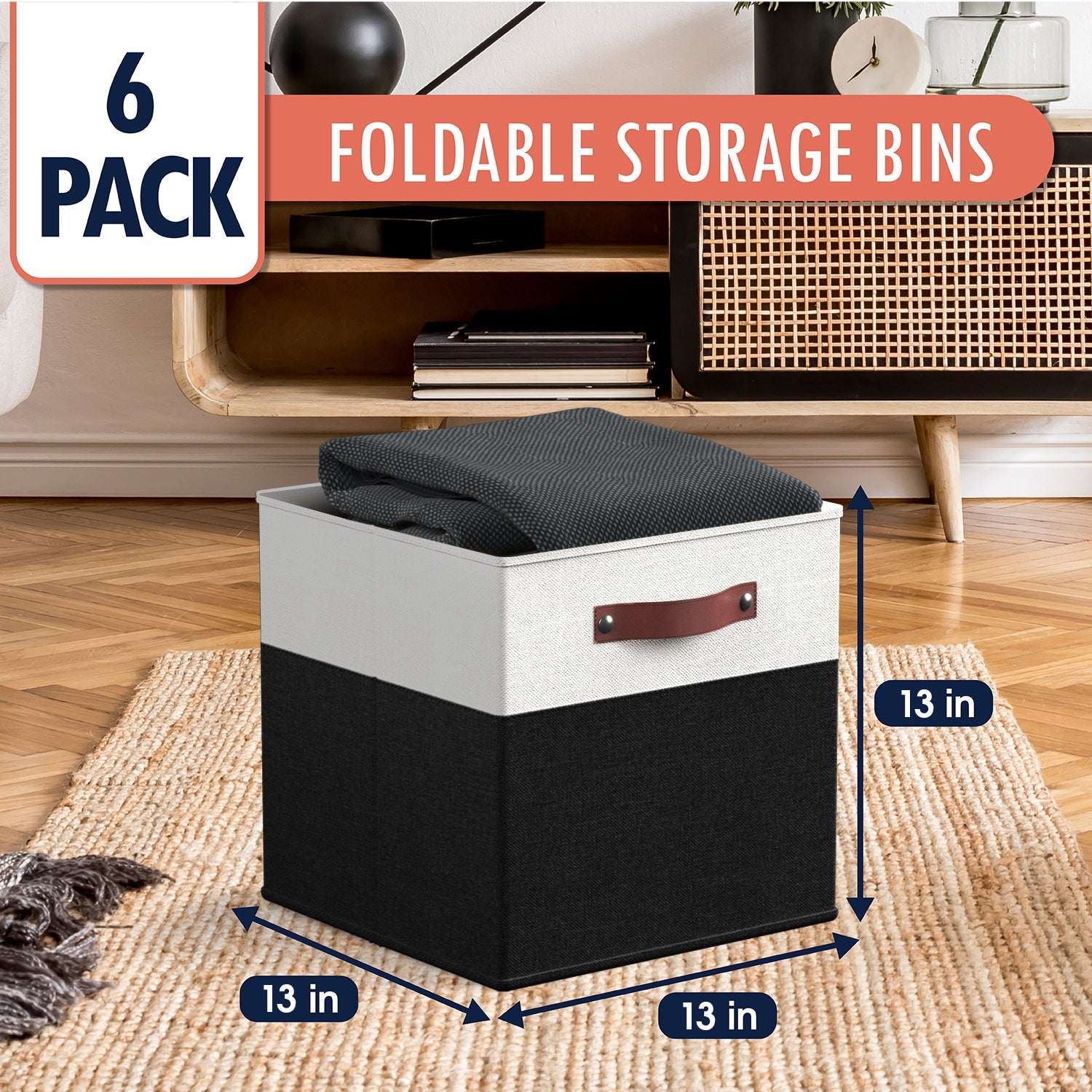 Foldable Linen Storage Cube Bin with Leather Handles - 13 Inch - Set of 6