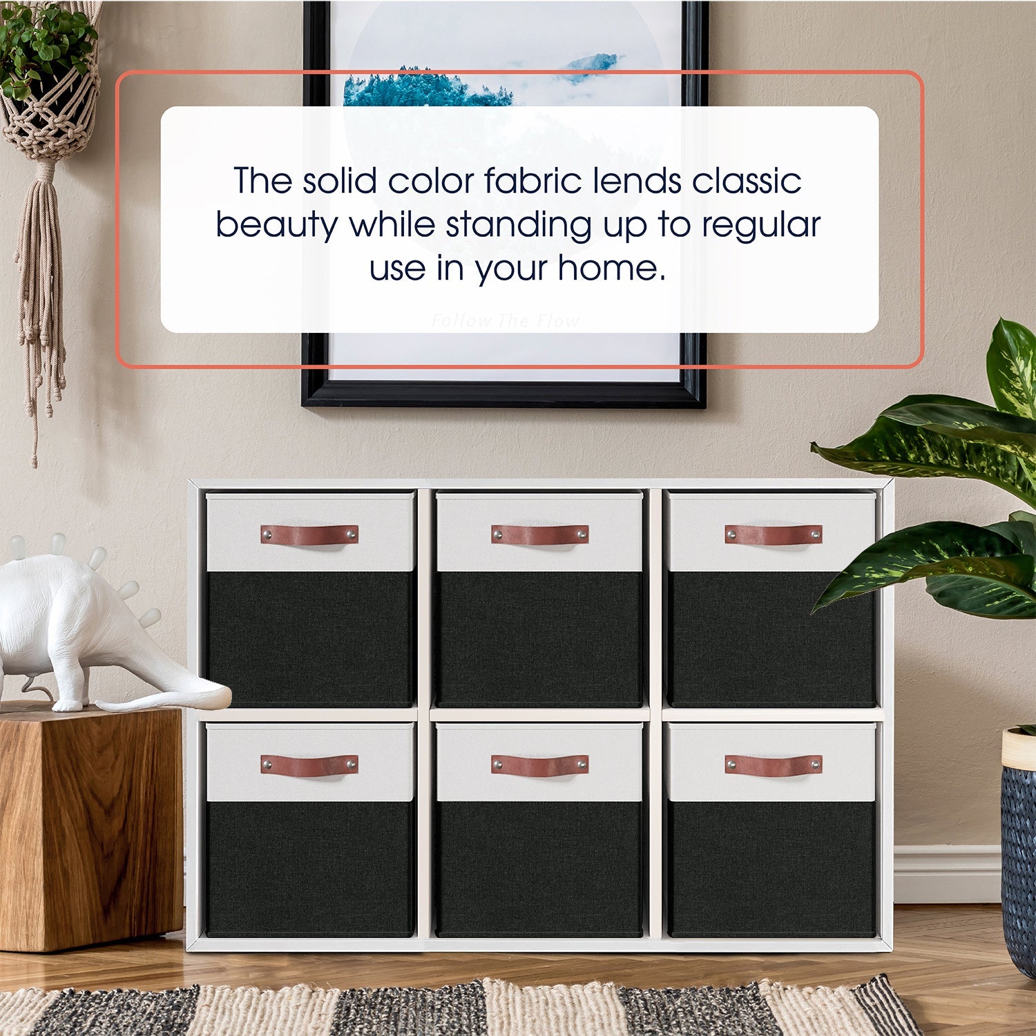 Foldable Linen Kallax Storage Cube Bin with Leather Handles – 13x15x13 Inch - Set of 6 White Black