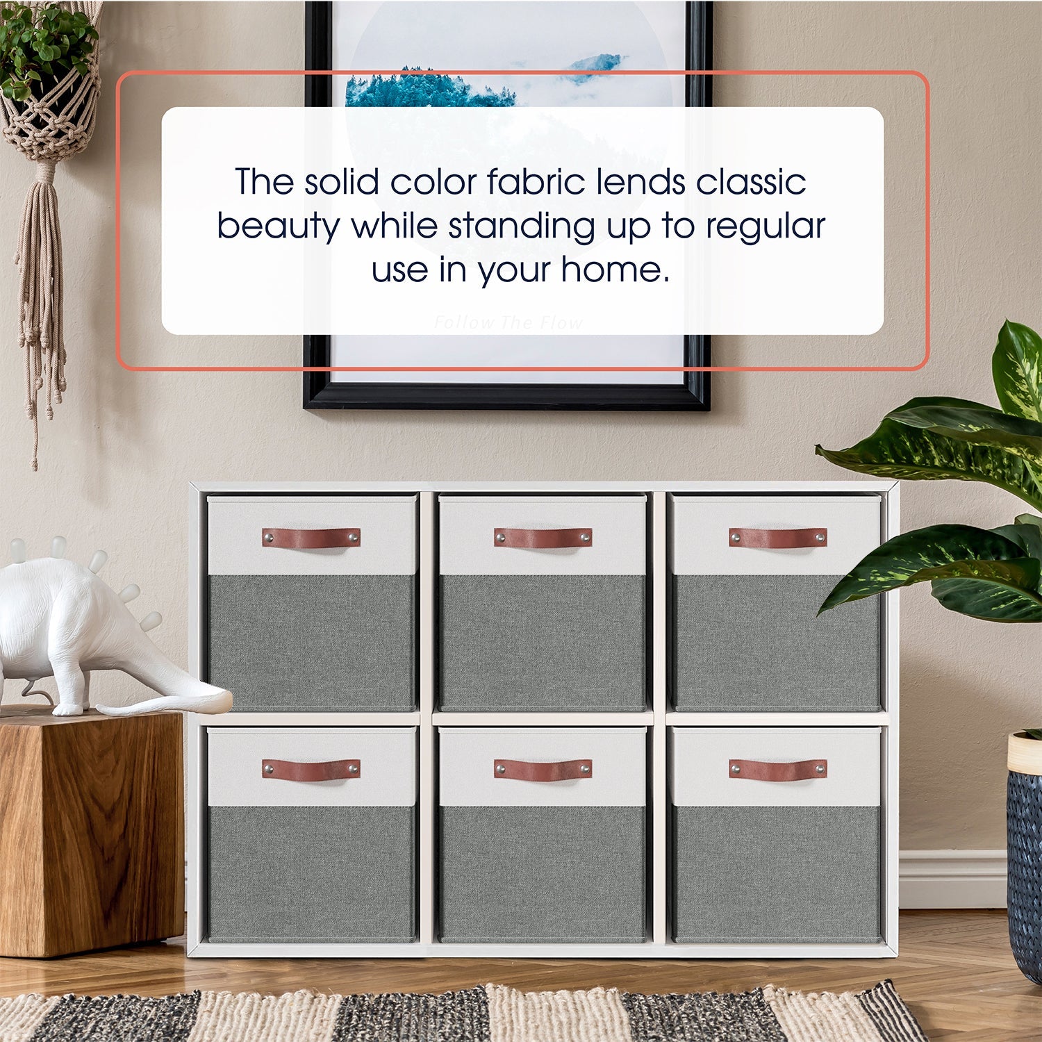 Foldable Linen Kallax Storage Cube Bin with Leather Handles – 13x15x13 Inch - Set of 6 White Gray