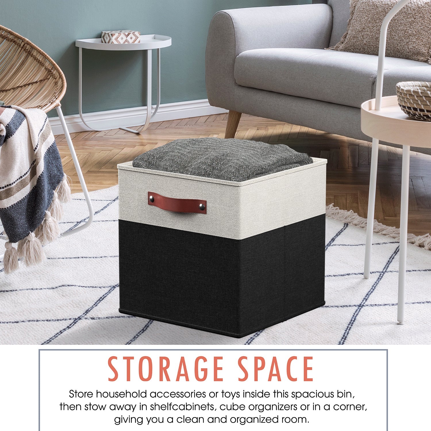 Foldable Linen Storage Cube Bin with Leather Handles - 11 Inch - Set of 6