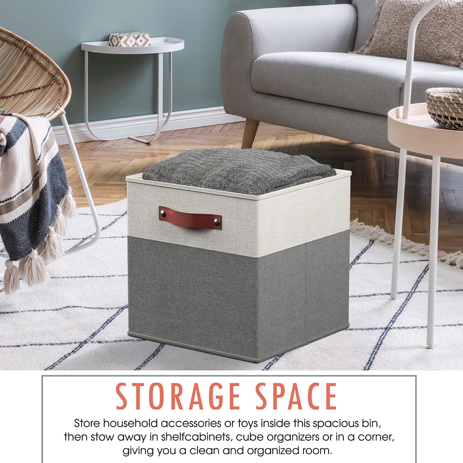 Foldable Linen Storage Cube Bin with Leather Handles - 11 Inch - Set of 6