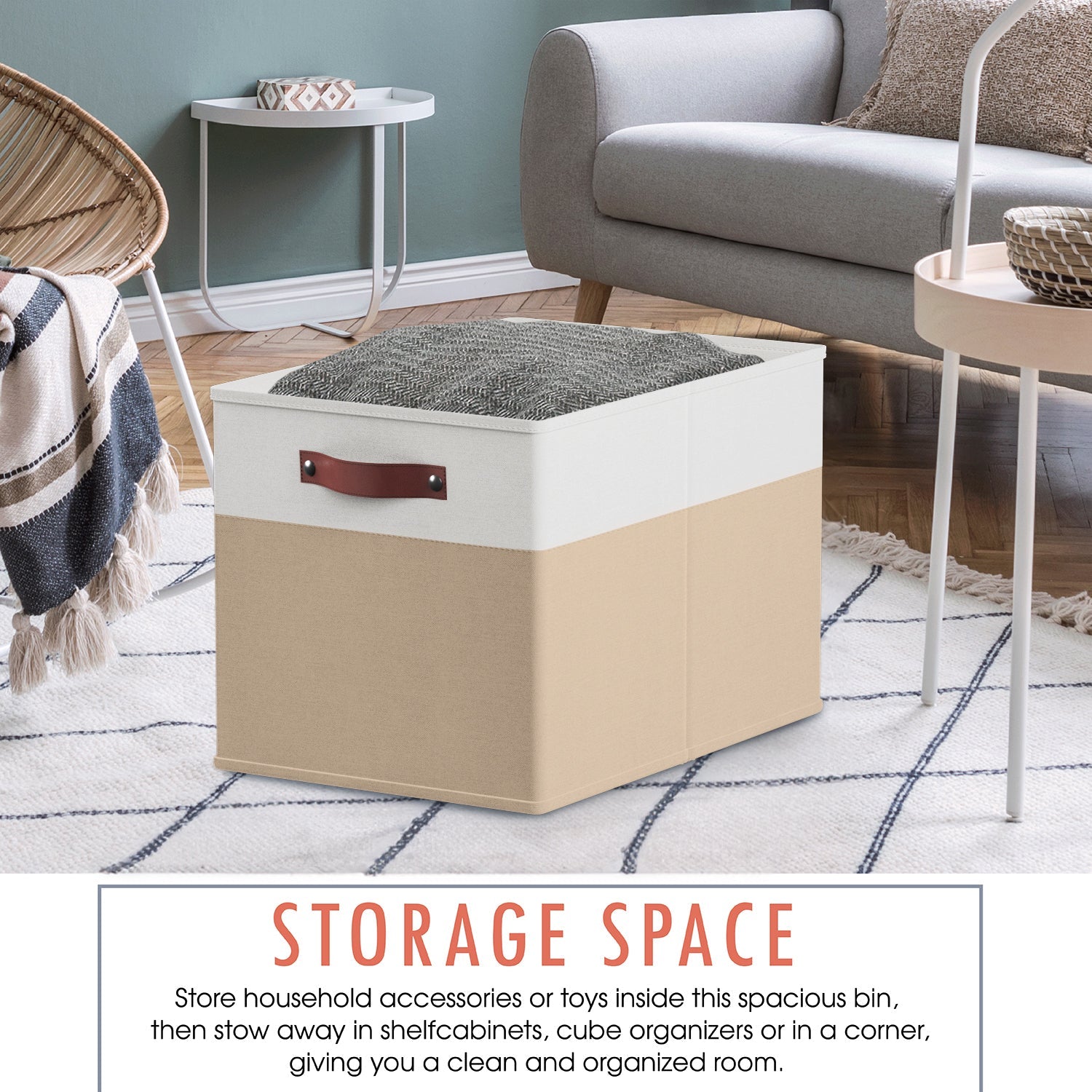 Foldable Linen Kallax Storage Cube Bin with Leather Handles – 13x15x13 Inch - Set of 6 White Khaki