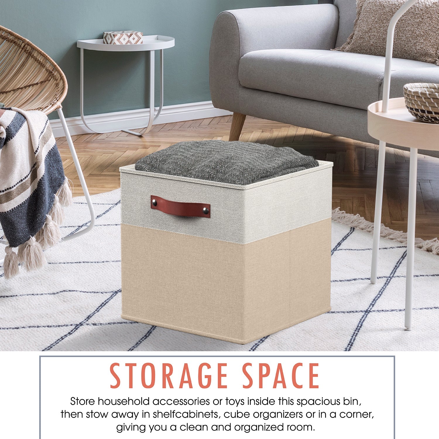 Foldable Linen Storage Cube Bin with Leather Handles - 11 Inch - Set of 6