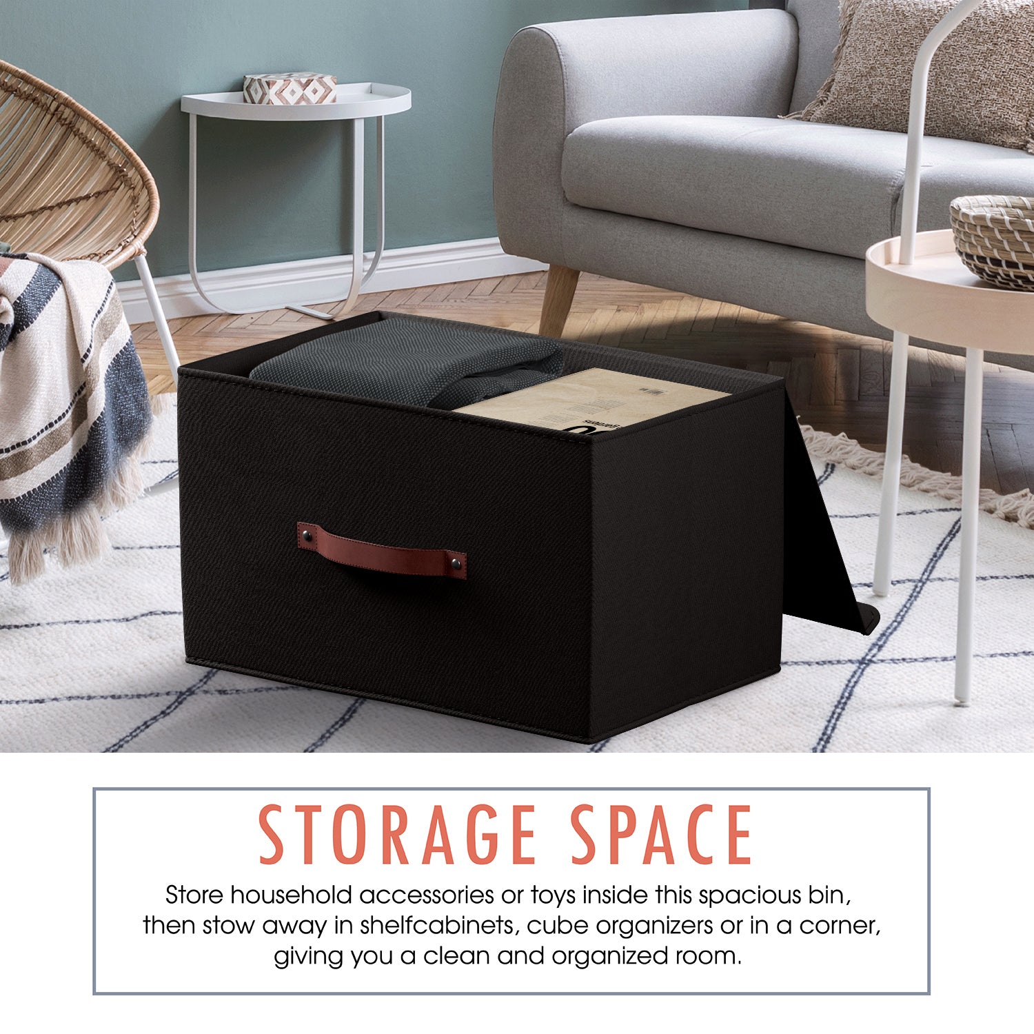 Foldable Linen Large Storage Bin with Leather Handles and Lid - Set of 3