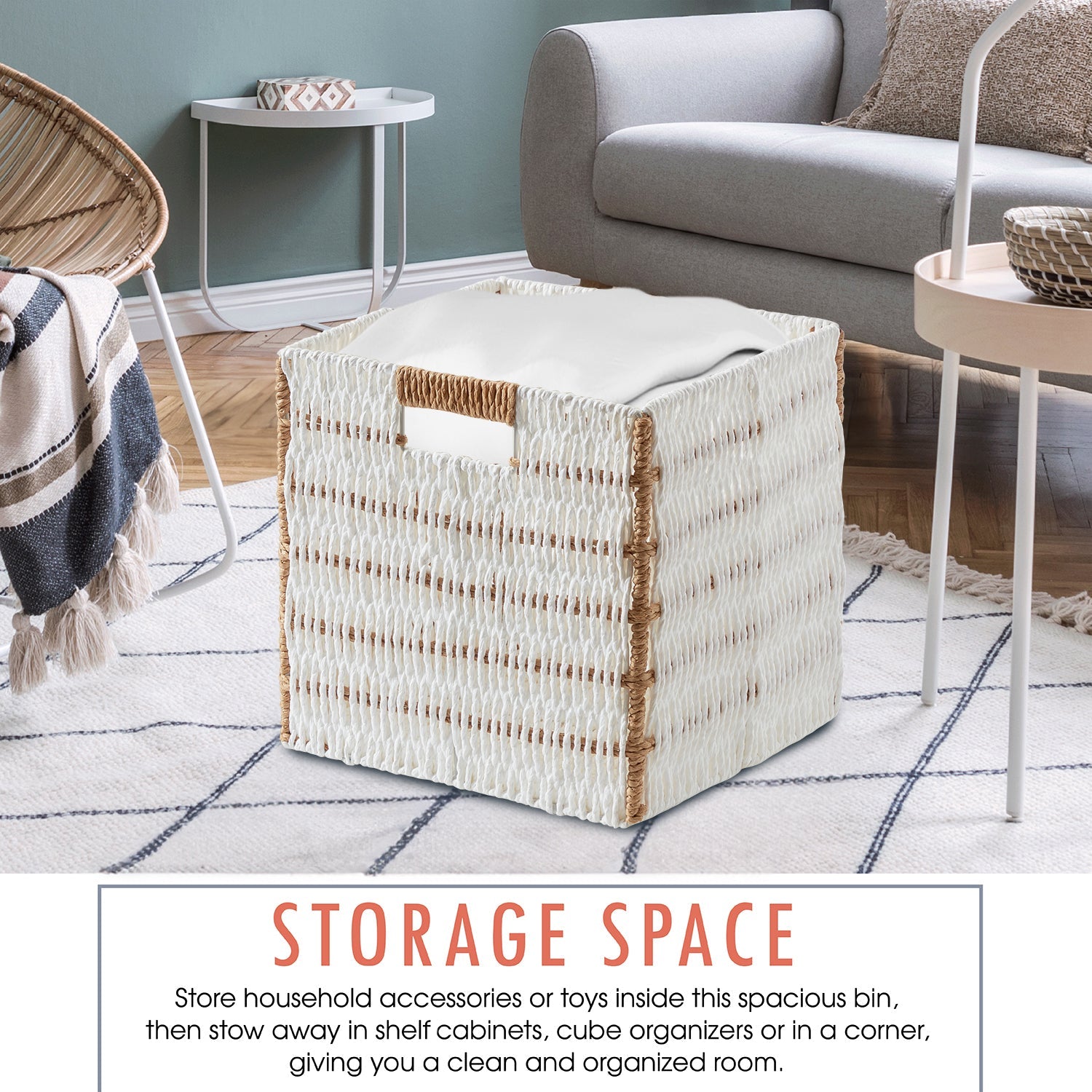 Foldable Paper Wicker Storage Shelf Basket Cube Bin with Handles - Set of 2