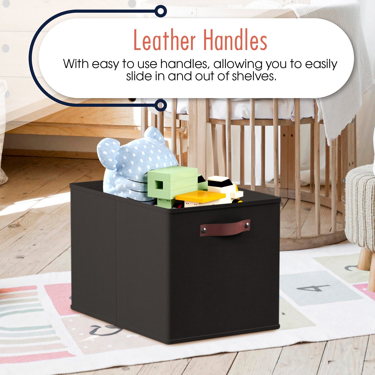 Foldable Linen Kallax Storage Cube Bin with Leather Handles – 13x15x13 Inch - Set of 6 Black