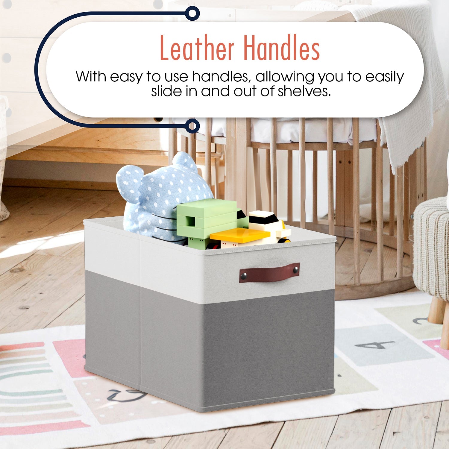 Foldable Linen Kallax Storage Cube Bin with Leather Handles – 13x15x13 Inch - Set of 6 White Gray