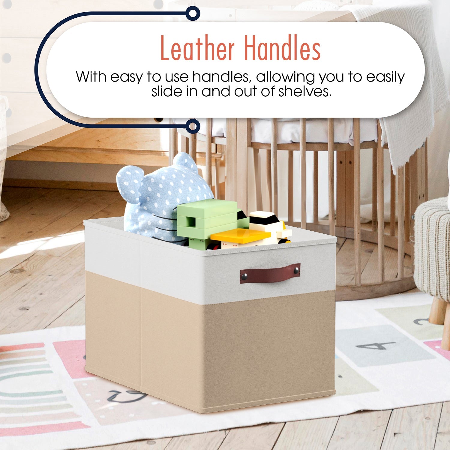 Foldable Linen Kallax Storage Cube Bin with Leather Handles – 13x15x13 Inch - Set of 6 White Khaki