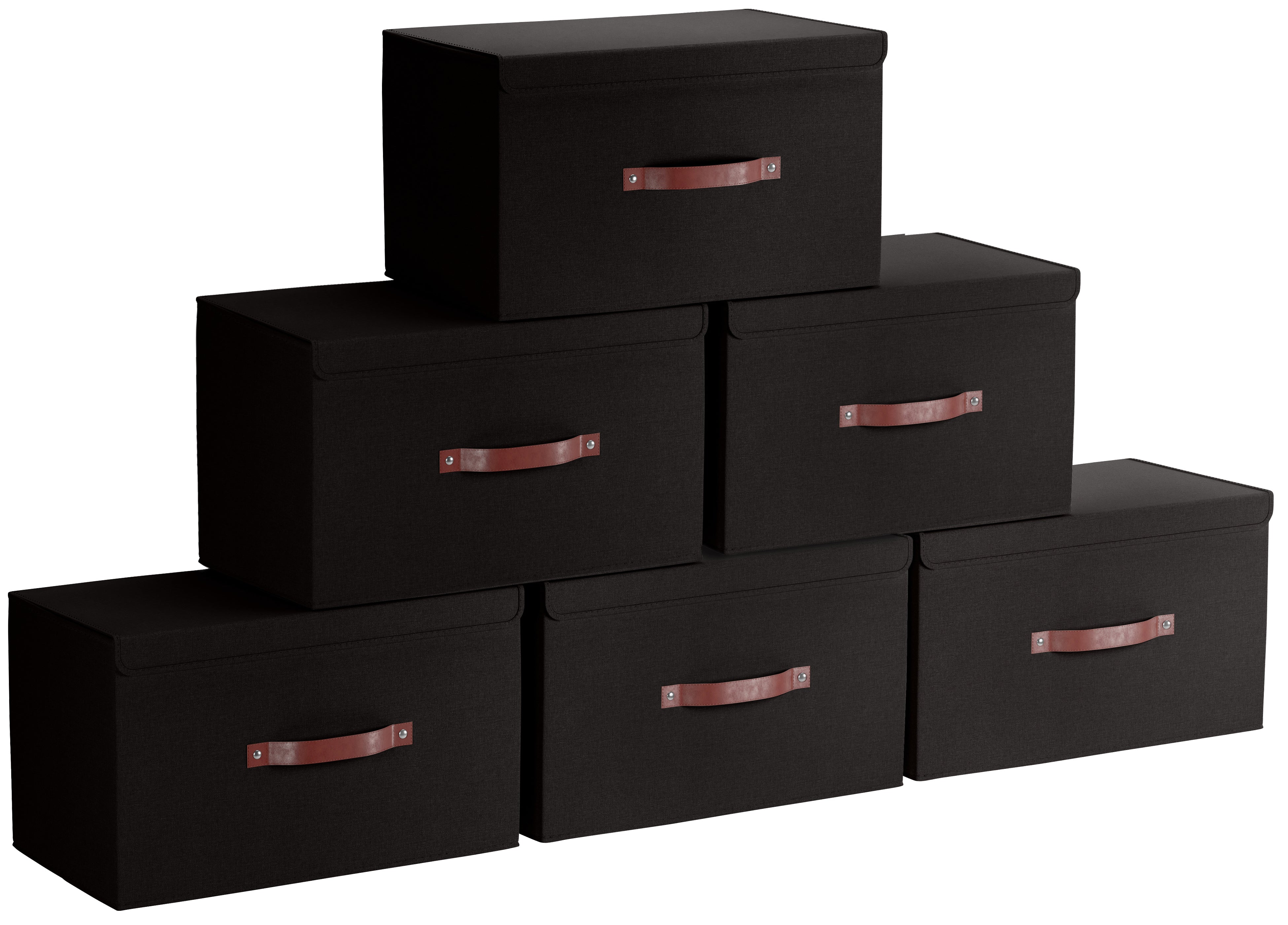 Foldable Linen Large Storage Bin with Leather Handles and Lid - Set of 6