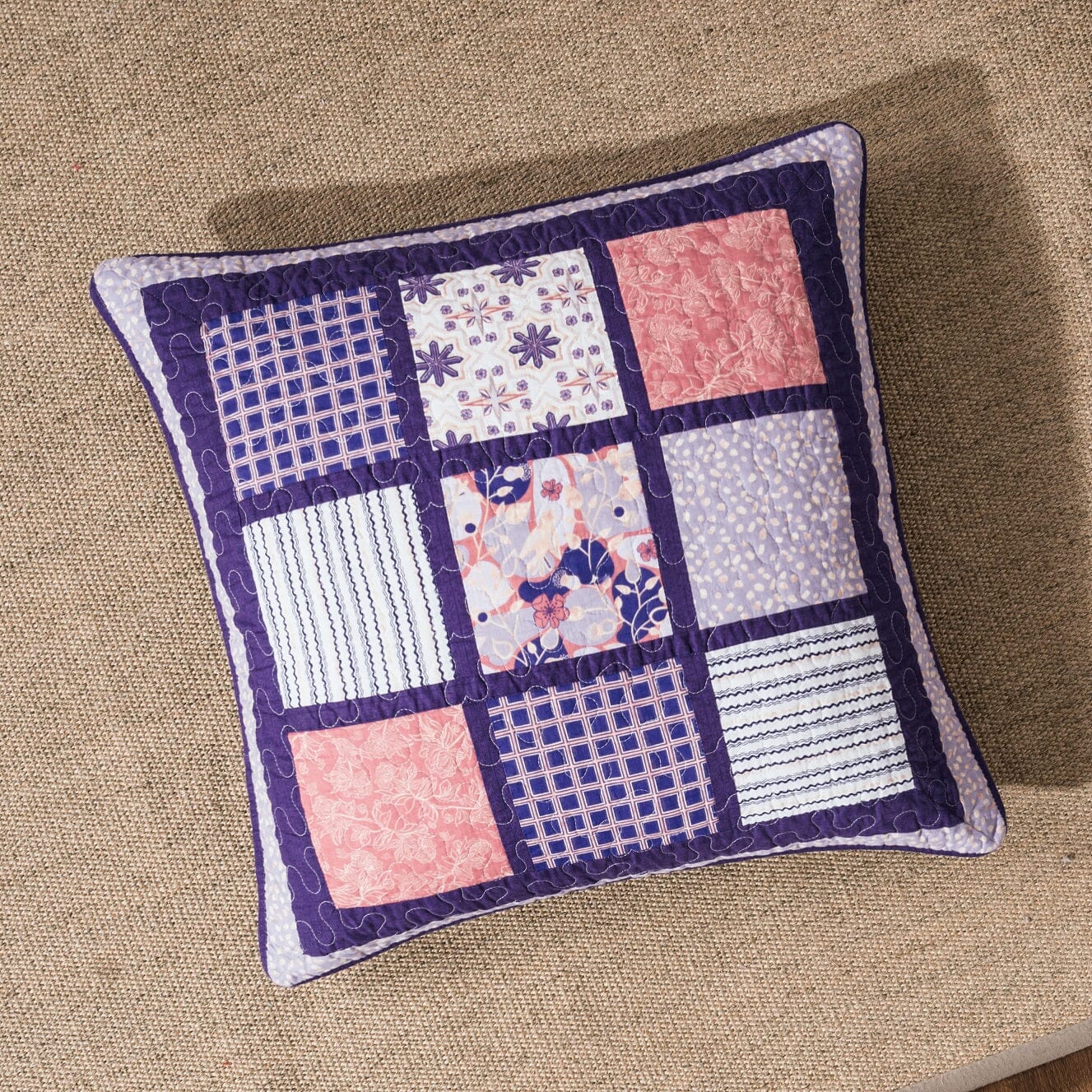 Peachy Blossoms Purple Floral Patchwork Euro Pillow Sham Cover, 26" x 26" - Designed in USA (JHW877)