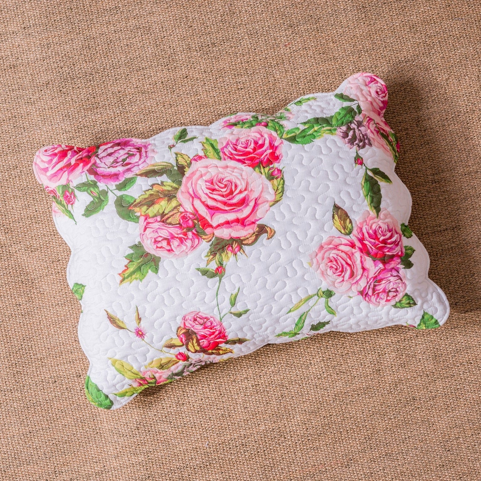 Romantic Roses Spring Floral Pink Scalloped Pillow Sham 1-Piece (JHW879)
