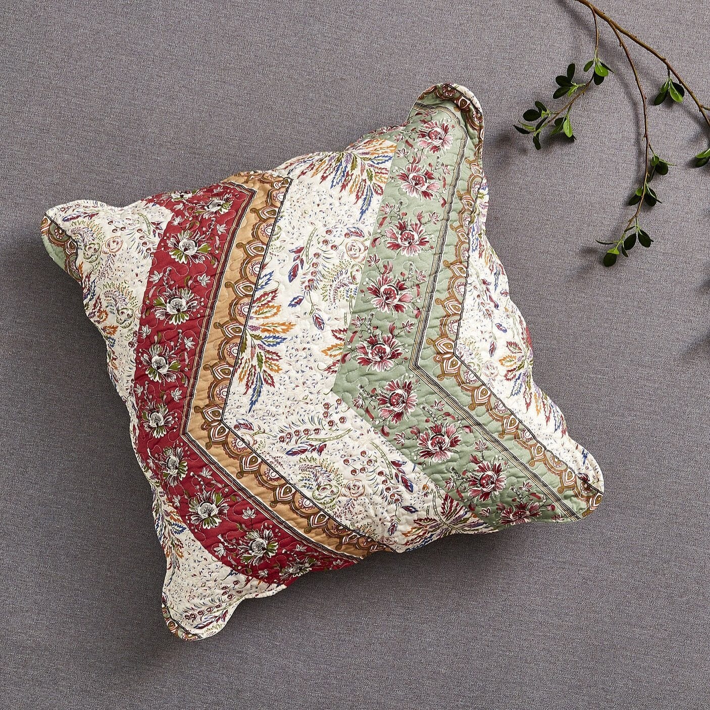 Bohemian Cranberry Sage Chevron Floral Euro Pillow Sham Cover, 26" x 26" (JHW924)