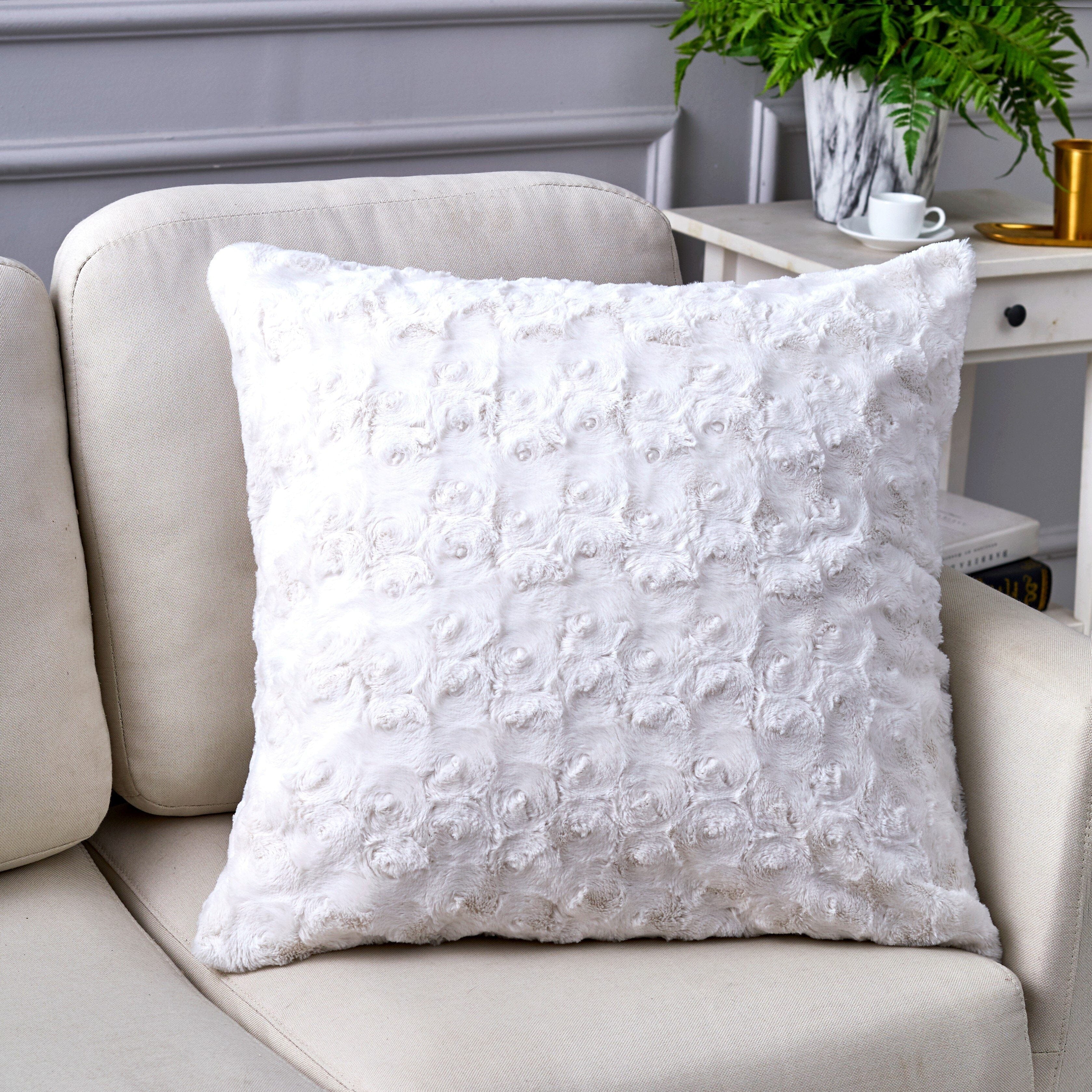 Luxury White Roses Swirls Faux Fur Euro Cushion Throw Pillow Cover (K11)