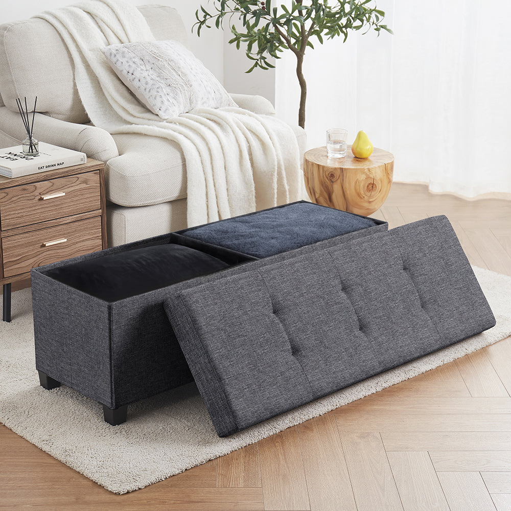 Foldable Tufted 43 Inch Long Linen Bench Storage Ottoman with Legs