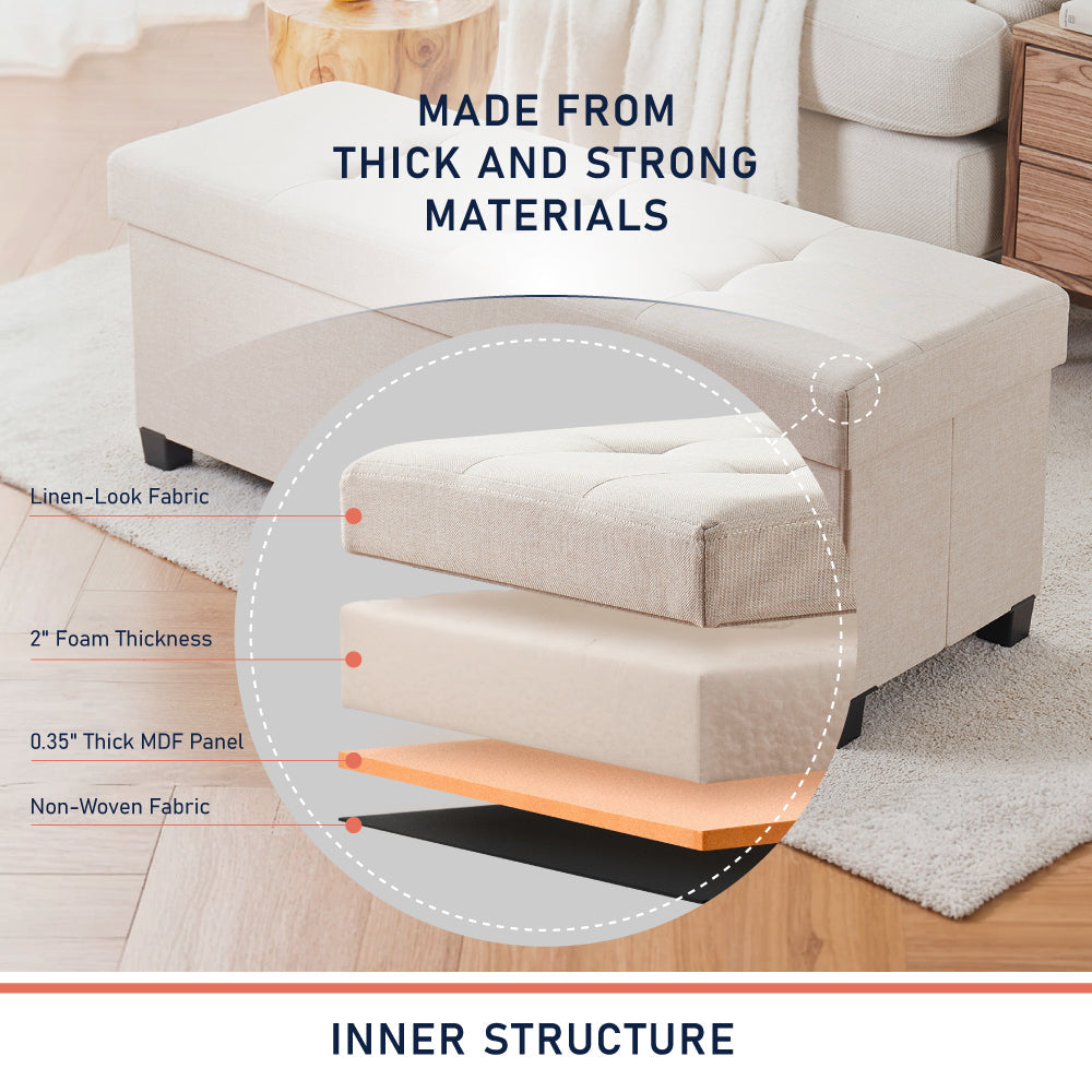 Foldable Tufted 43 Inch Long Linen Bench Storage Ottoman with Legs