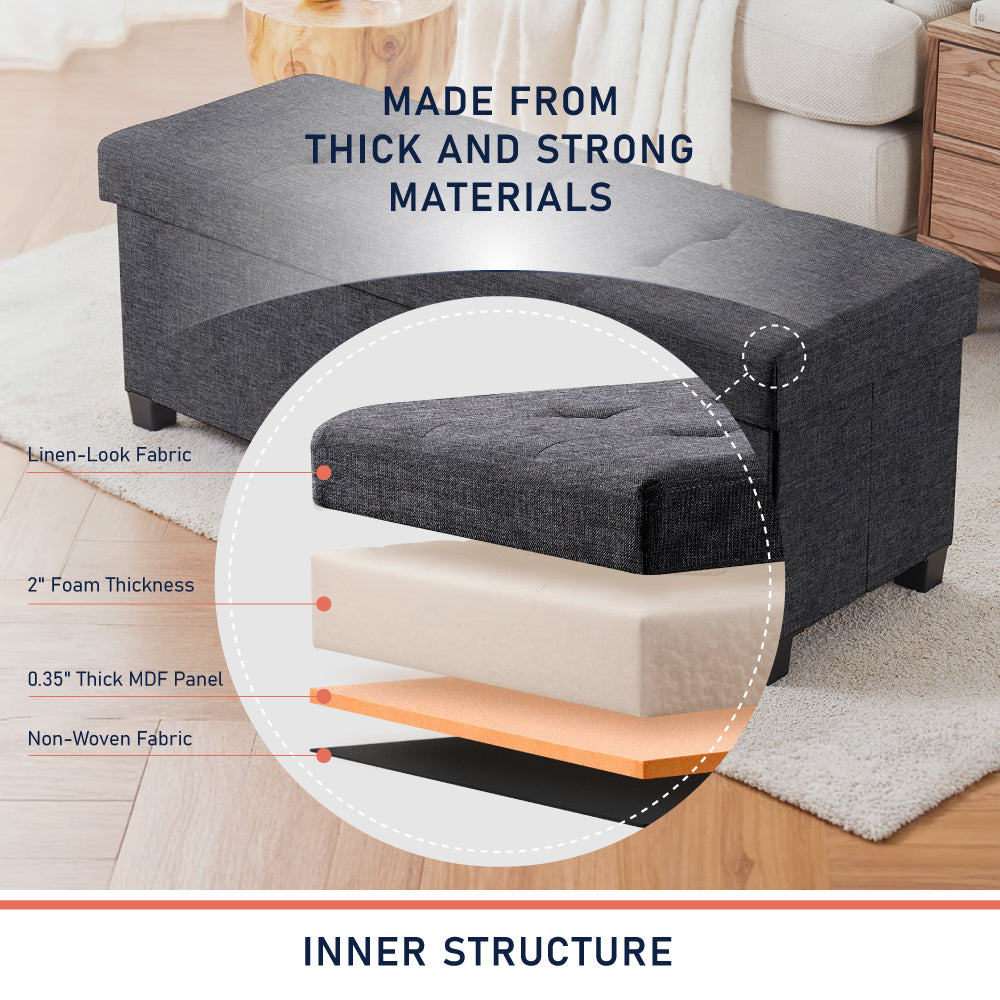 Foldable Tufted 43 Inch Long Linen Bench Storage Ottoman with Legs - Charcoal Gray