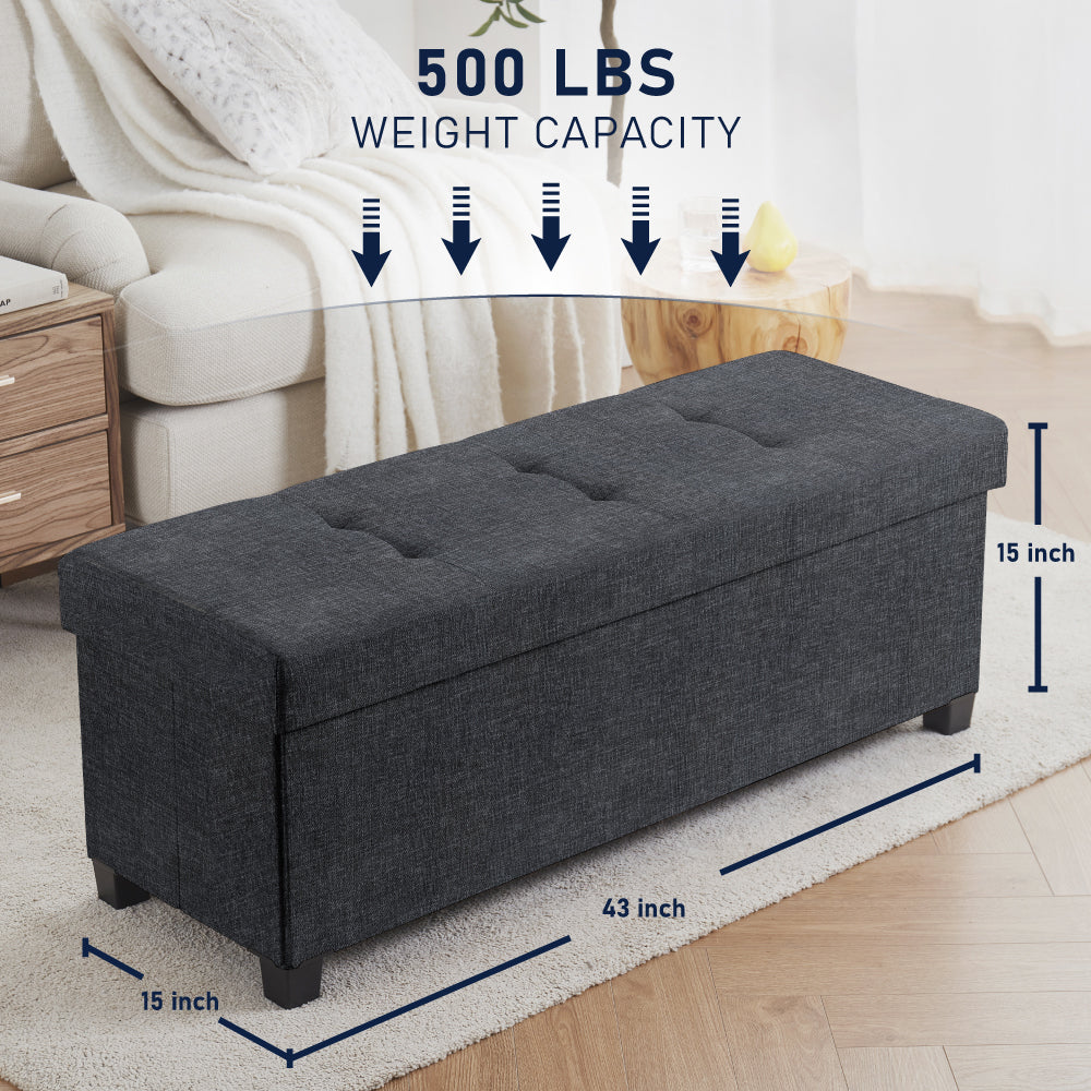 Foldable Tufted 43 Inch Long Linen Bench Storage Ottoman with Legs - Black