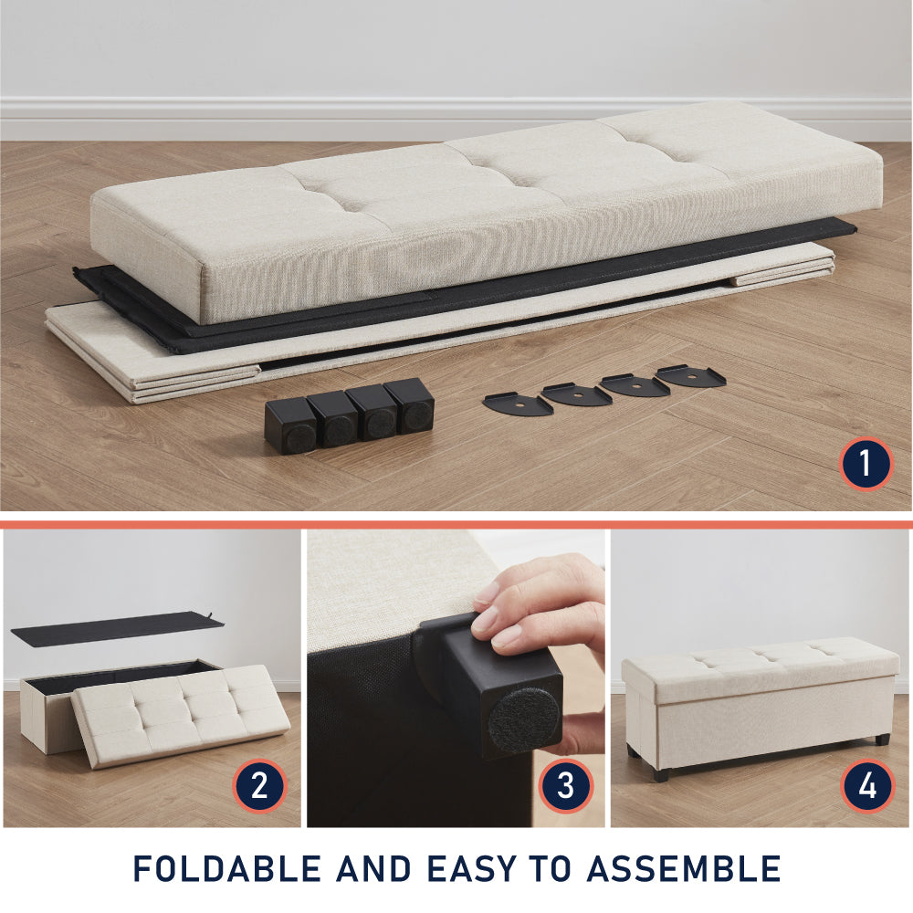 Foldable Tufted 43 Inch Long Linen Bench Storage Ottoman with Legs