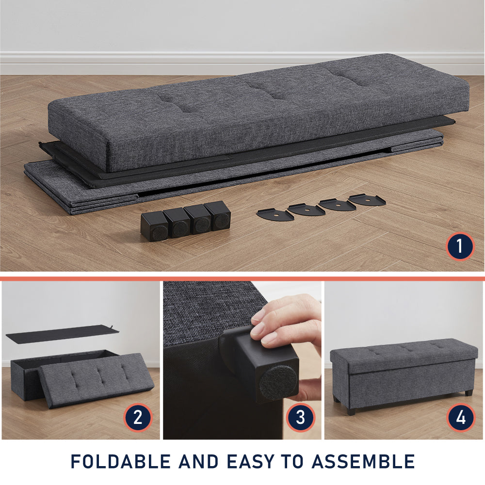 Foldable Tufted 43 Inch Long Linen Bench Storage Ottoman with Legs - Charcoal Gray