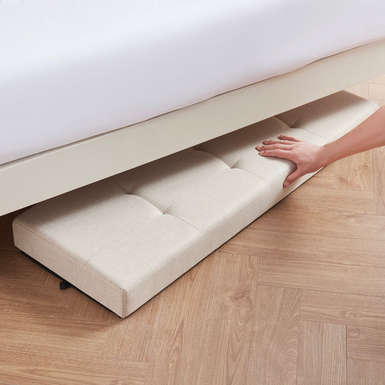 Foldable Tufted 43 Inch Long Linen Bench Storage Ottoman with Legs