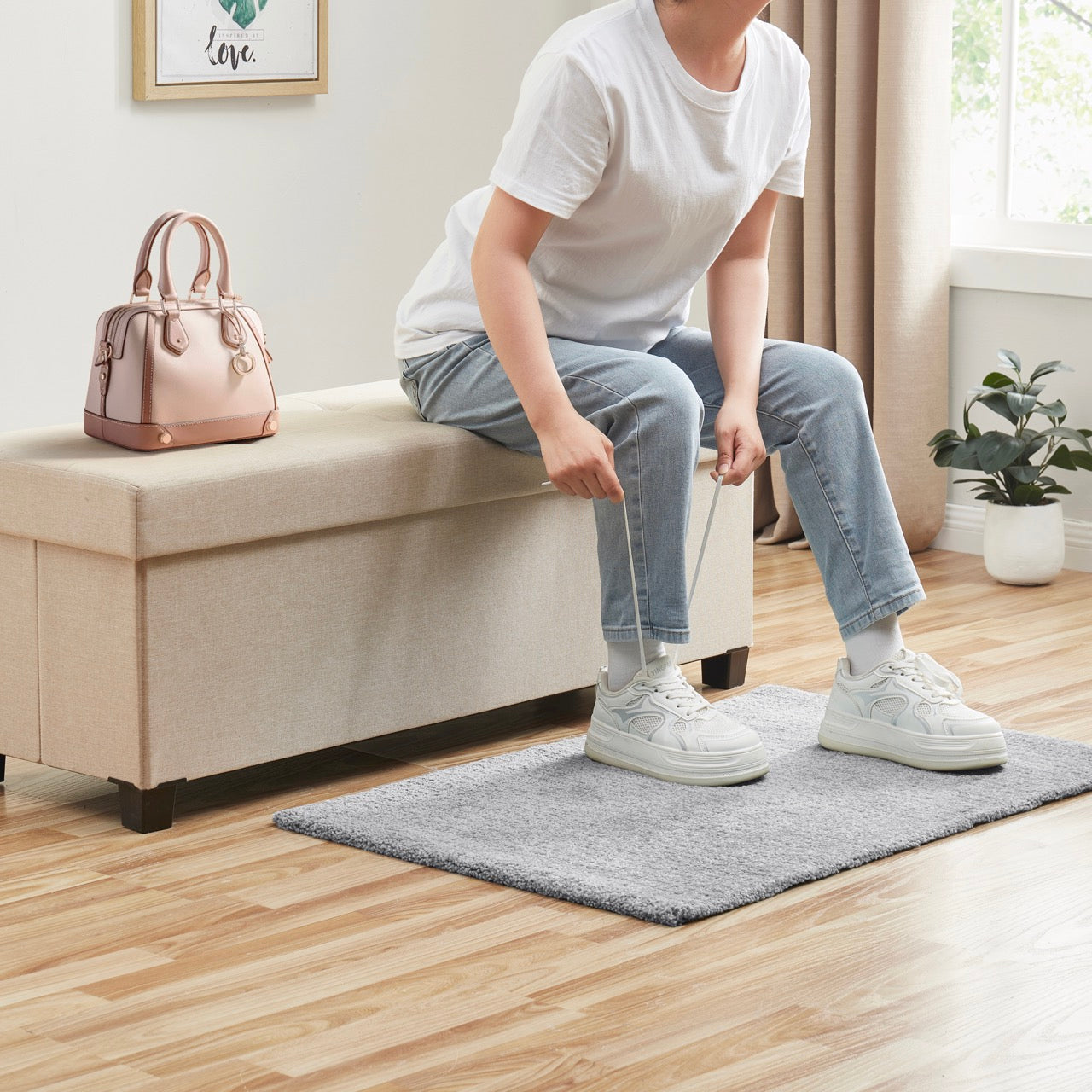 Foldable Tufted 43 Inch Long Linen Bench Storage Ottoman with Legs