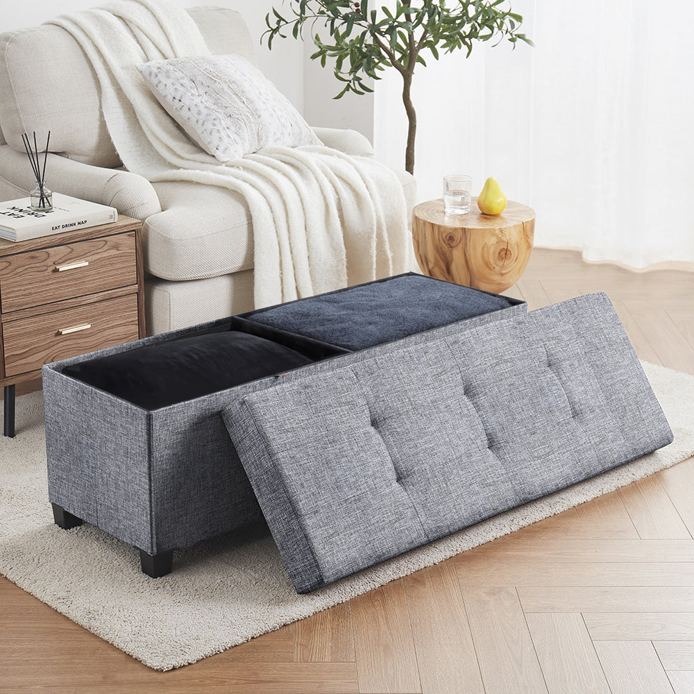 Foldable Tufted 43 Inch Long Linen Bench Storage Ottoman with Legs