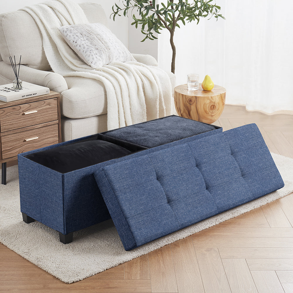 Foldable Tufted 43 Inch Long Linen Bench Storage Ottoman with Legs