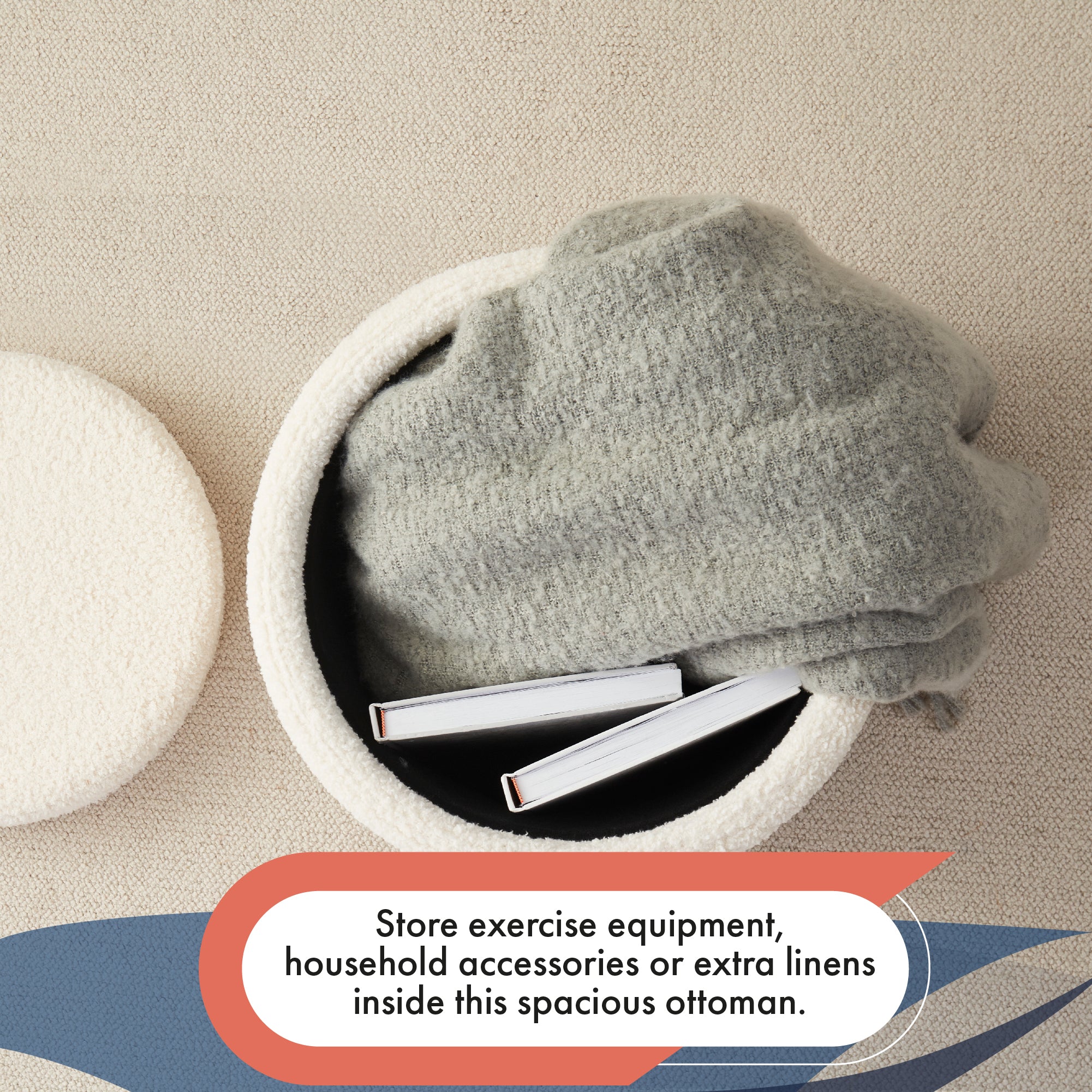 Lawrence Round Boucle White Storage Ottoman with Table Top Lid