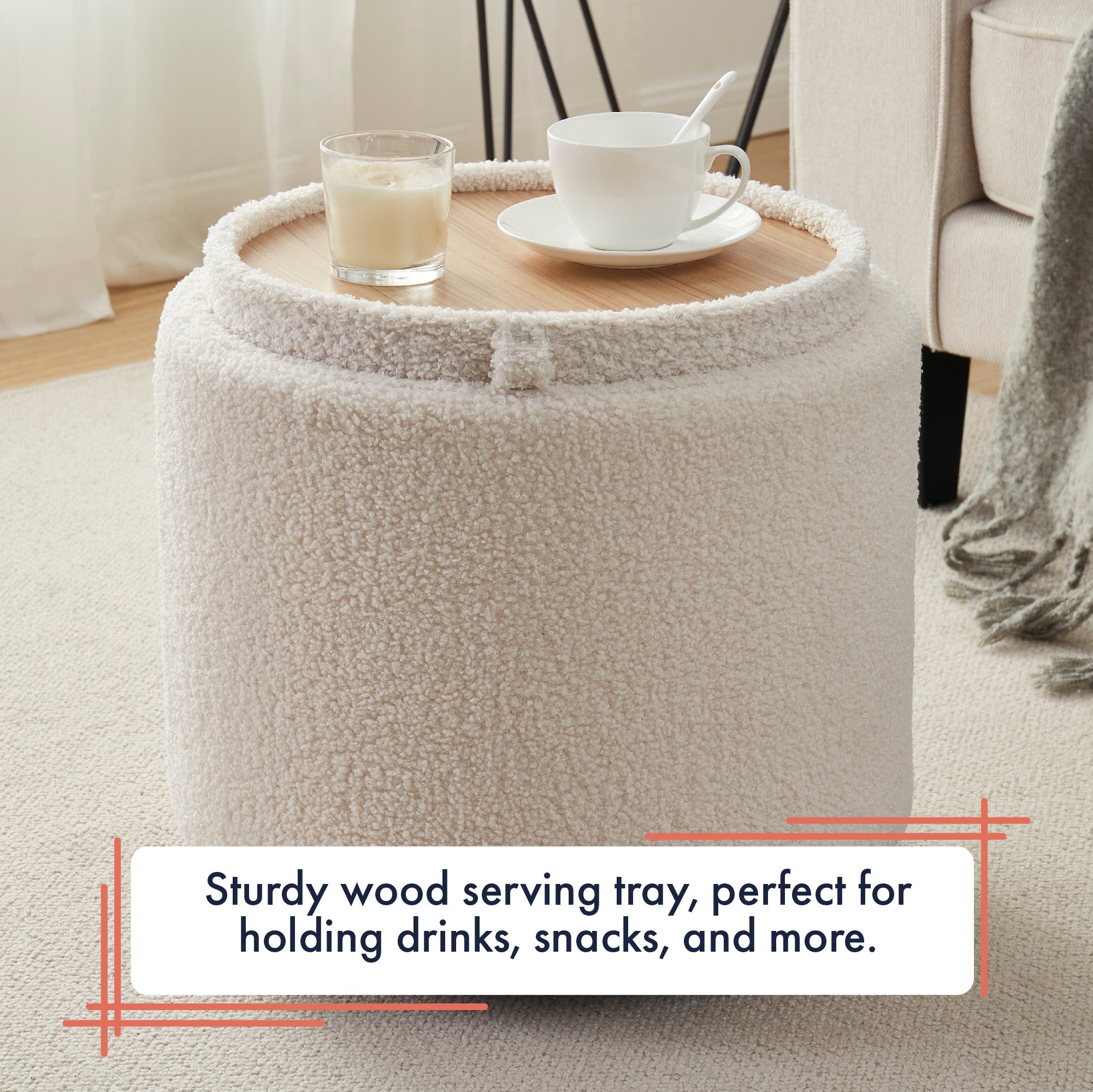 Lawrence Round Boucle White Storage Ottoman with Table Top Lid