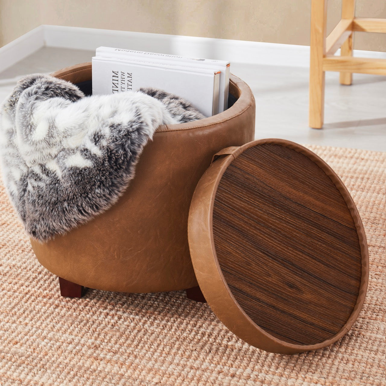 Lawrence Round Faux Leather Storage Ottoman with Table Top Lid - Mocha