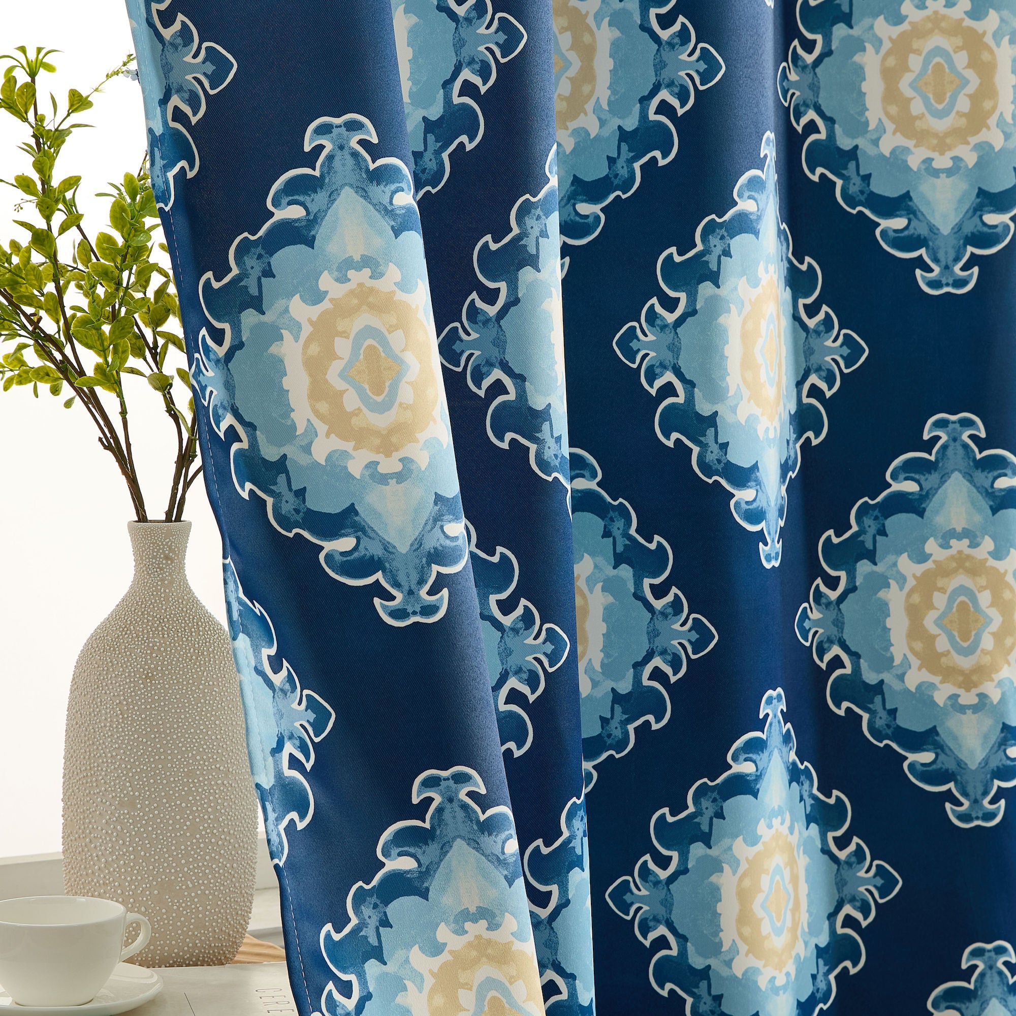 Liam Ogee Ikatt Damask Grommet Window Curtains - Pair