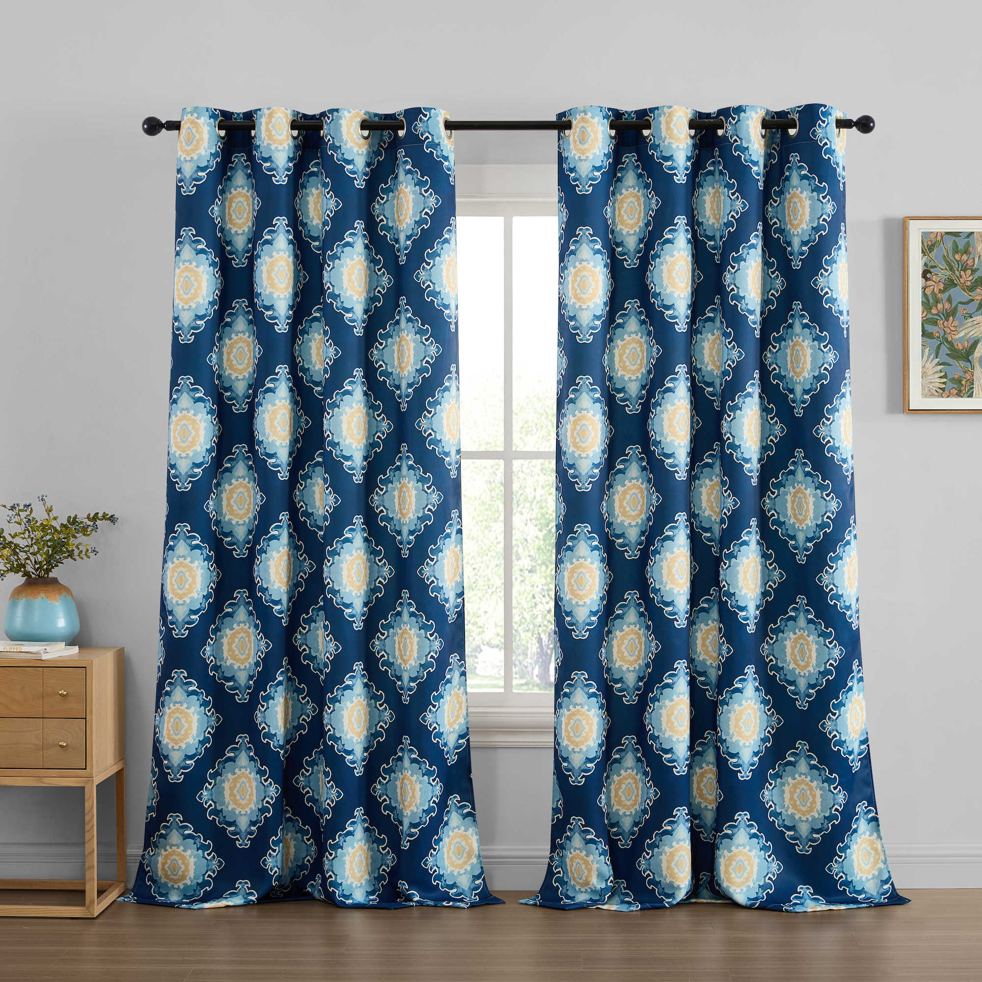 Liam Ogee Ikatt Damask Grommet Window Curtains - Pair