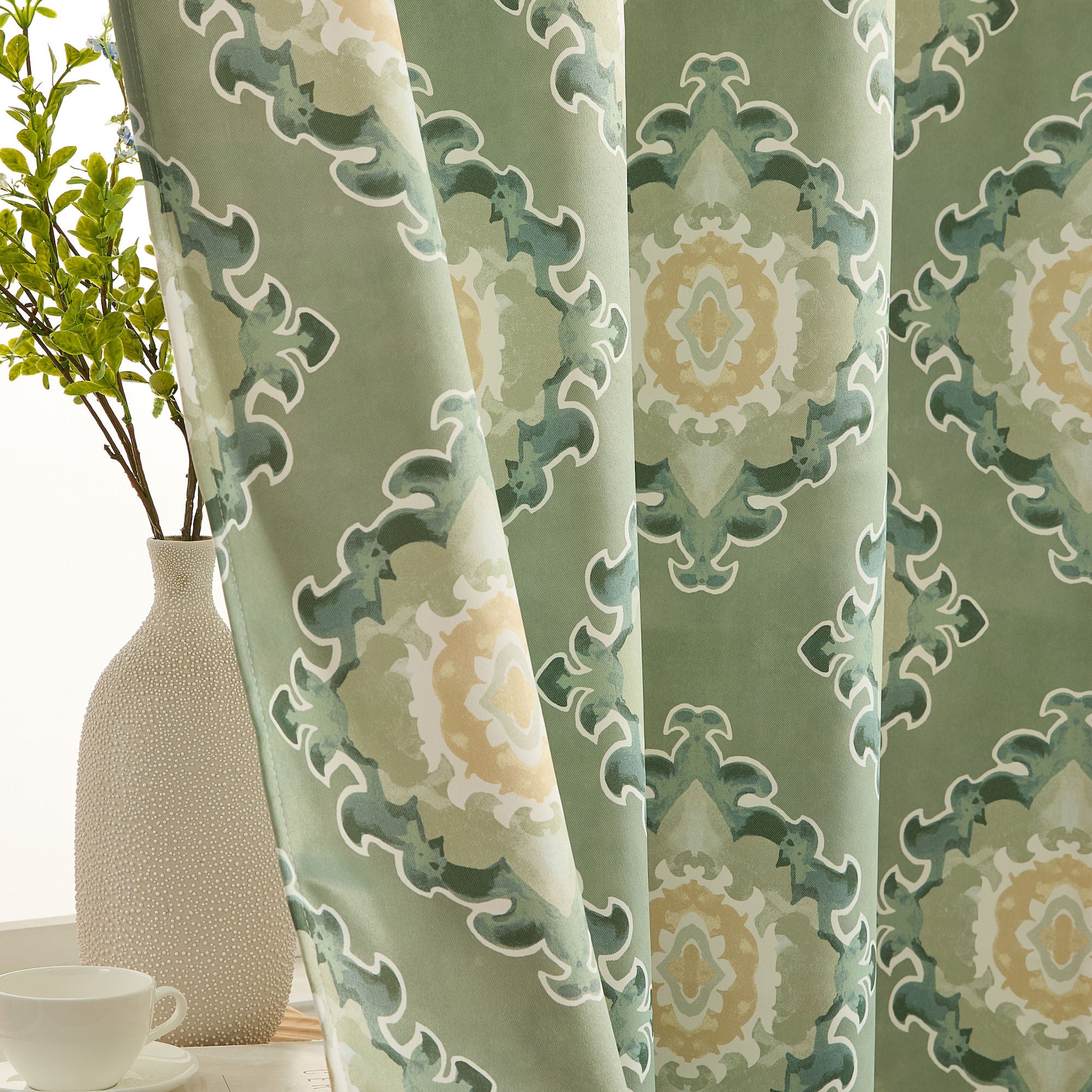 Liam Ogee Ikatt Damask Grommet Window Curtains - Pair