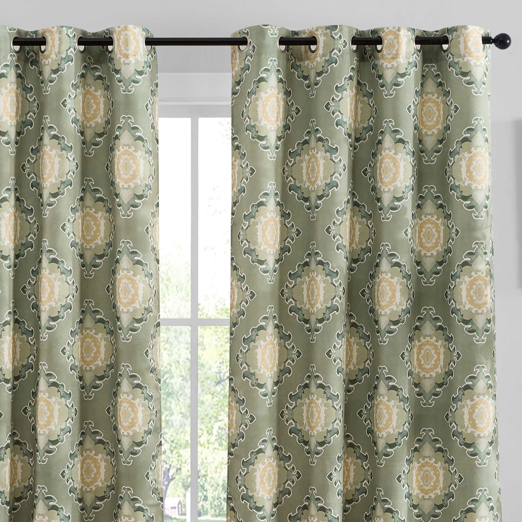 Liam Ogee Ikatt Damask Grommet Window Curtains - Pair