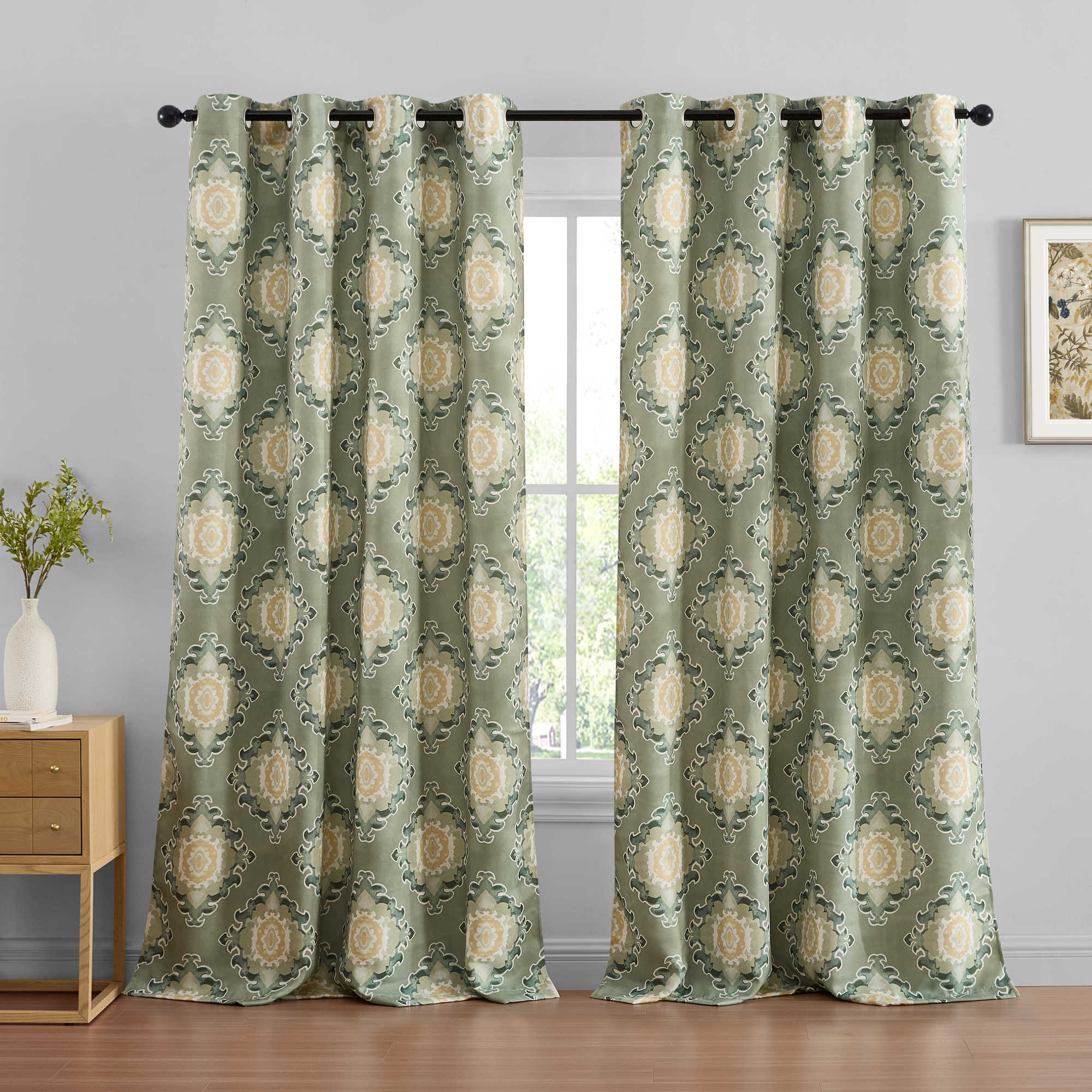 Liam Ogee Ikatt Damask Grommet Window Curtains - Pair