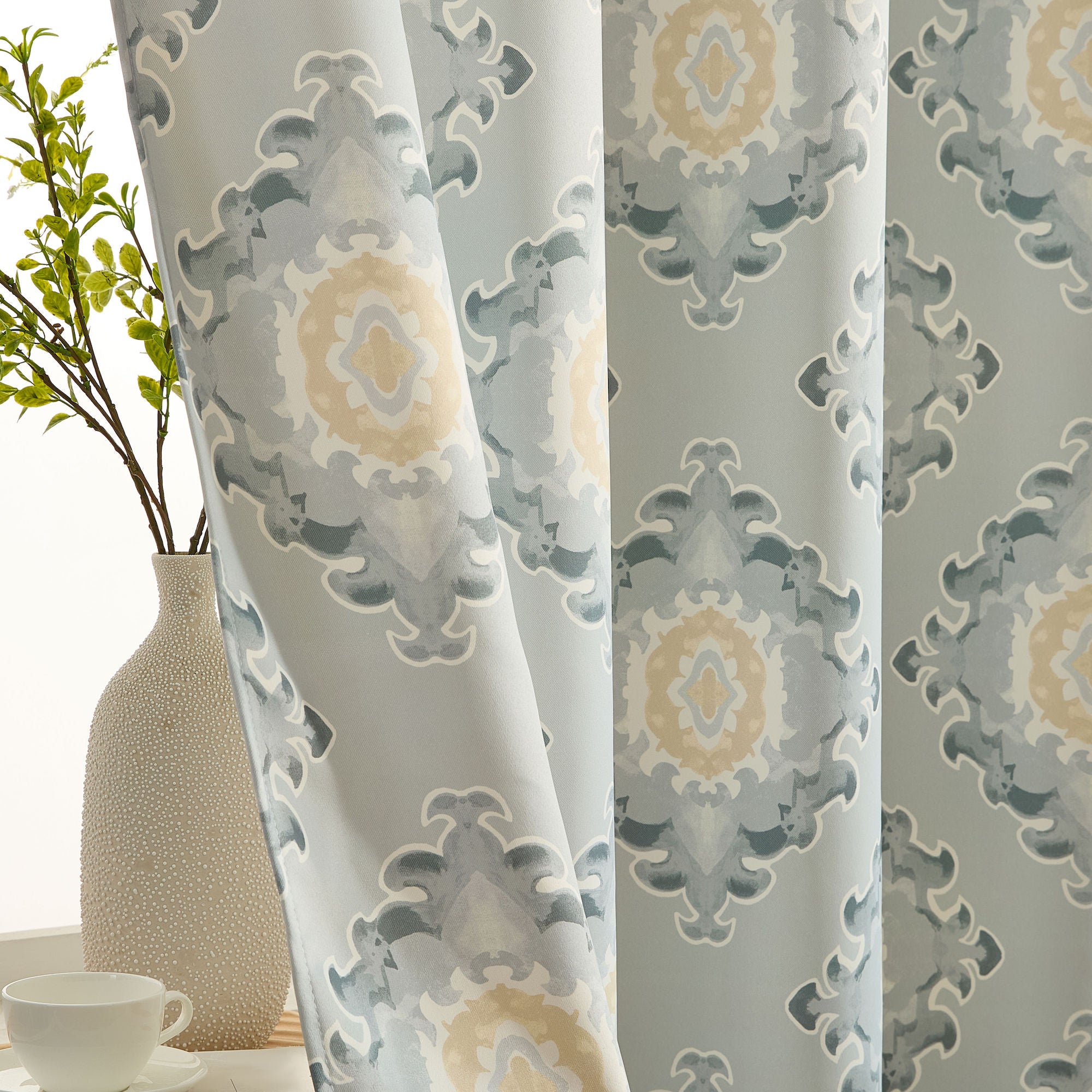 Liam Ogee Ikatt Damask Grommet Window Curtains - Pair