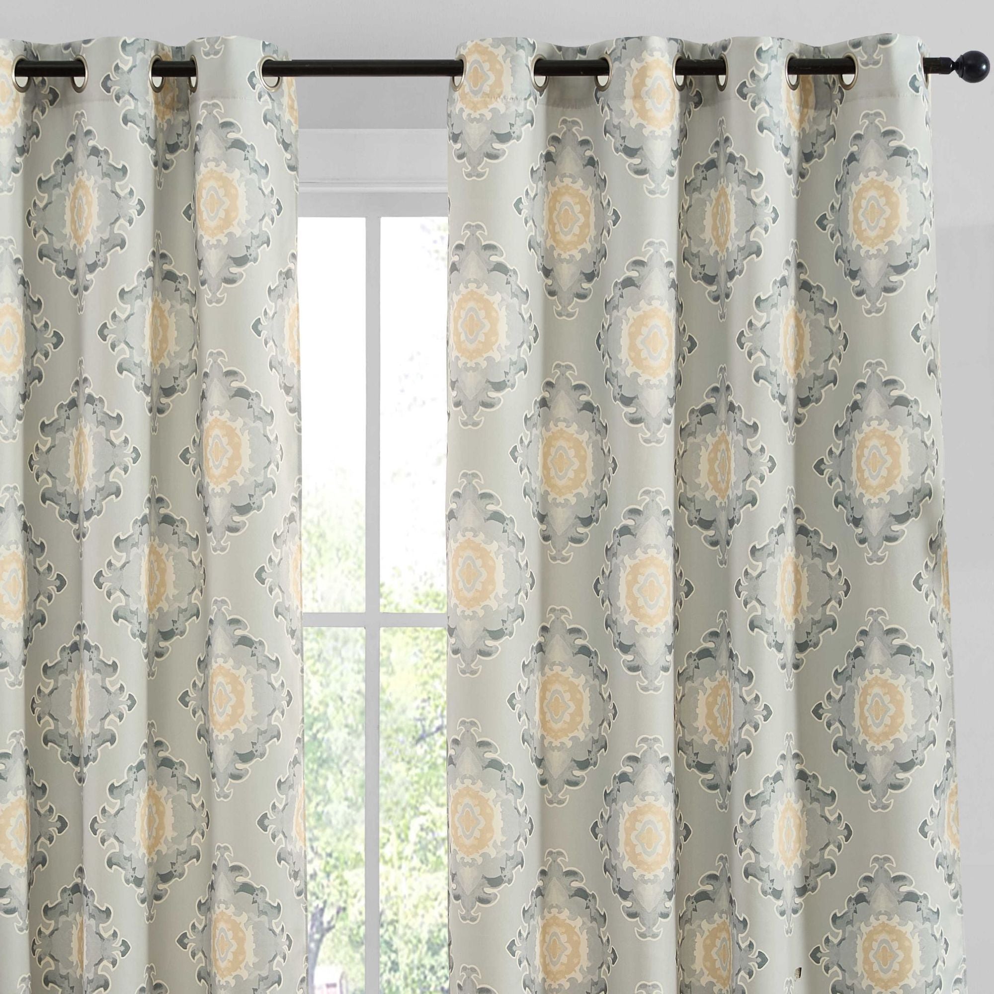 Liam Ogee Ikatt Damask Grommet Window Curtains - Pair