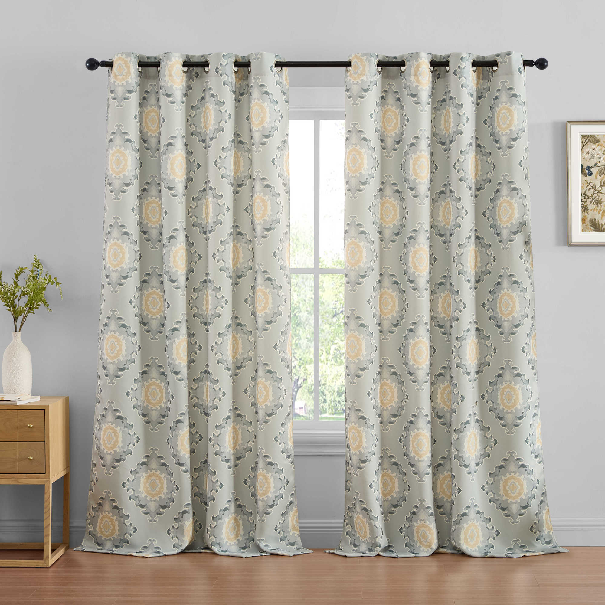 Liam Ogee Ikatt Damask Grommet Window Curtains - Pair