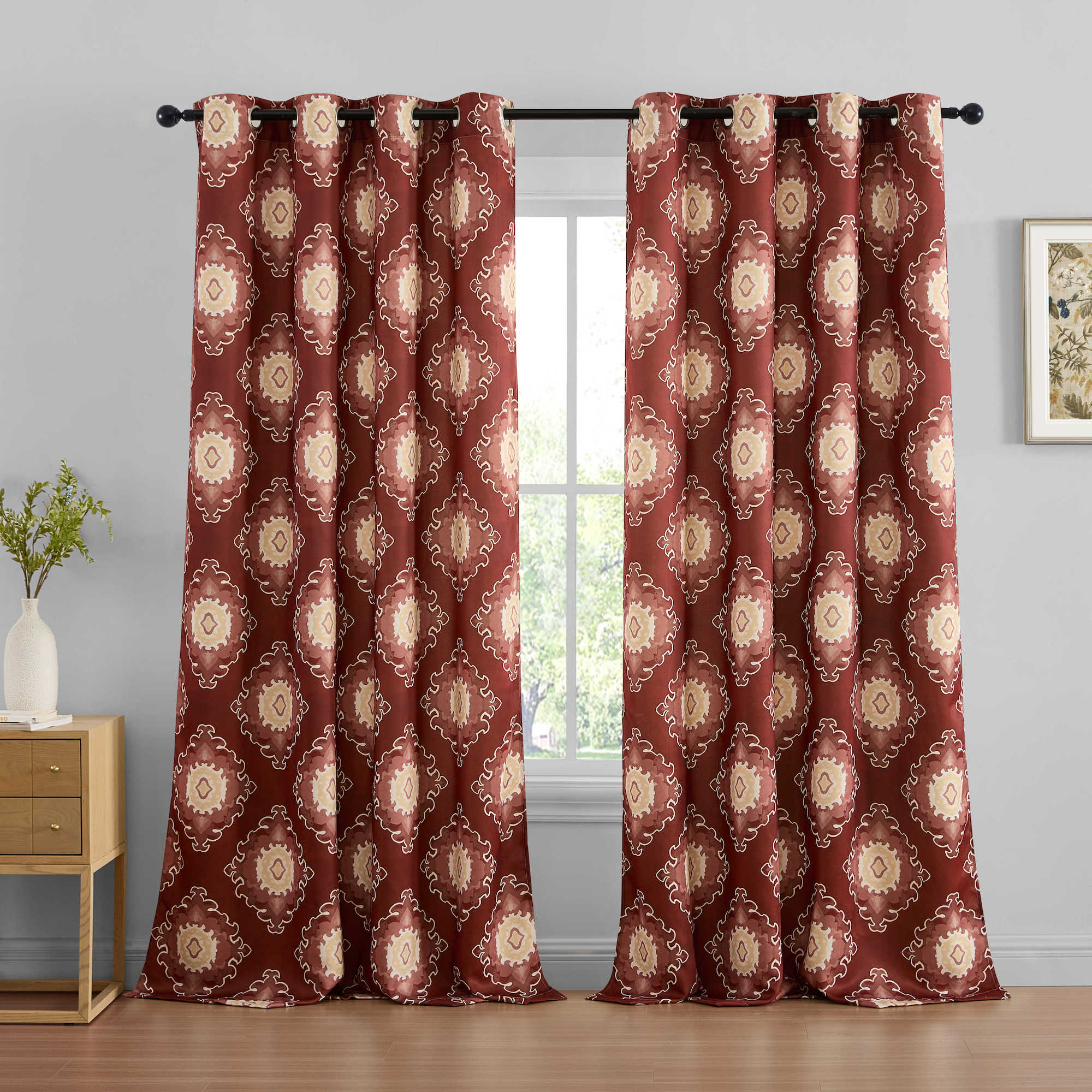 Liam Ogee Ikatt Damask Grommet Window Curtains - Pair